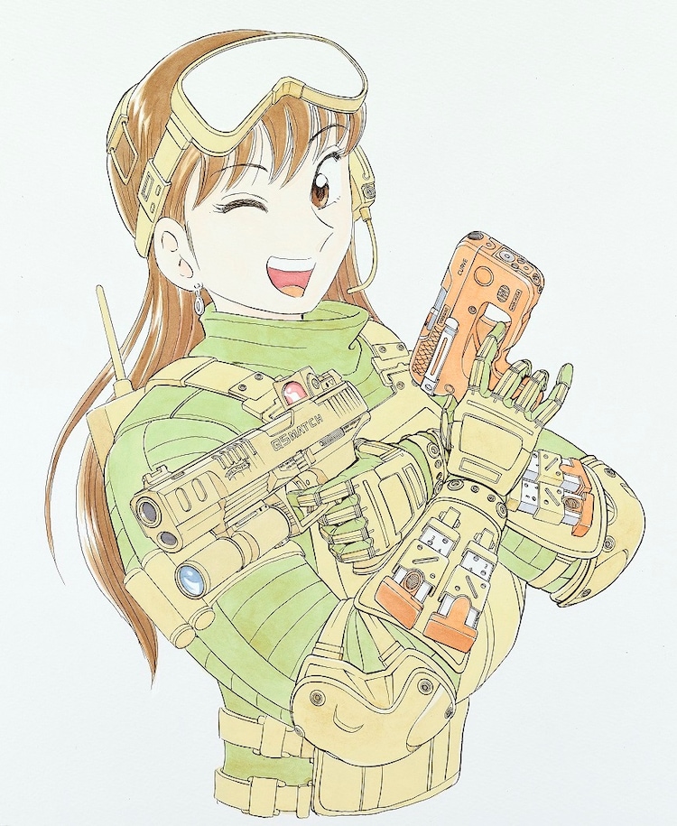 1girl ;d akimoto_osamu brown_eyes brown_hair bulletproof_vest clice cropped_torso dual_wielding earrings finger_on_trigger gloves goggles goggles_on_head gun handgun hands_up headset holding holding_weapon jacket jewelry long_hair looking_at_viewer magazine_(weapon) marker_(medium) military_combat_uniform military_jacket military_uniform mr.clice official_art one_eye_closed open_mouth pocket_pistol scope simple_background smile soldier solo taurus_curve teeth traditional_media upper_body upper_teeth_only walkie-talkie walther walther_q5 weapon white_background x_arms