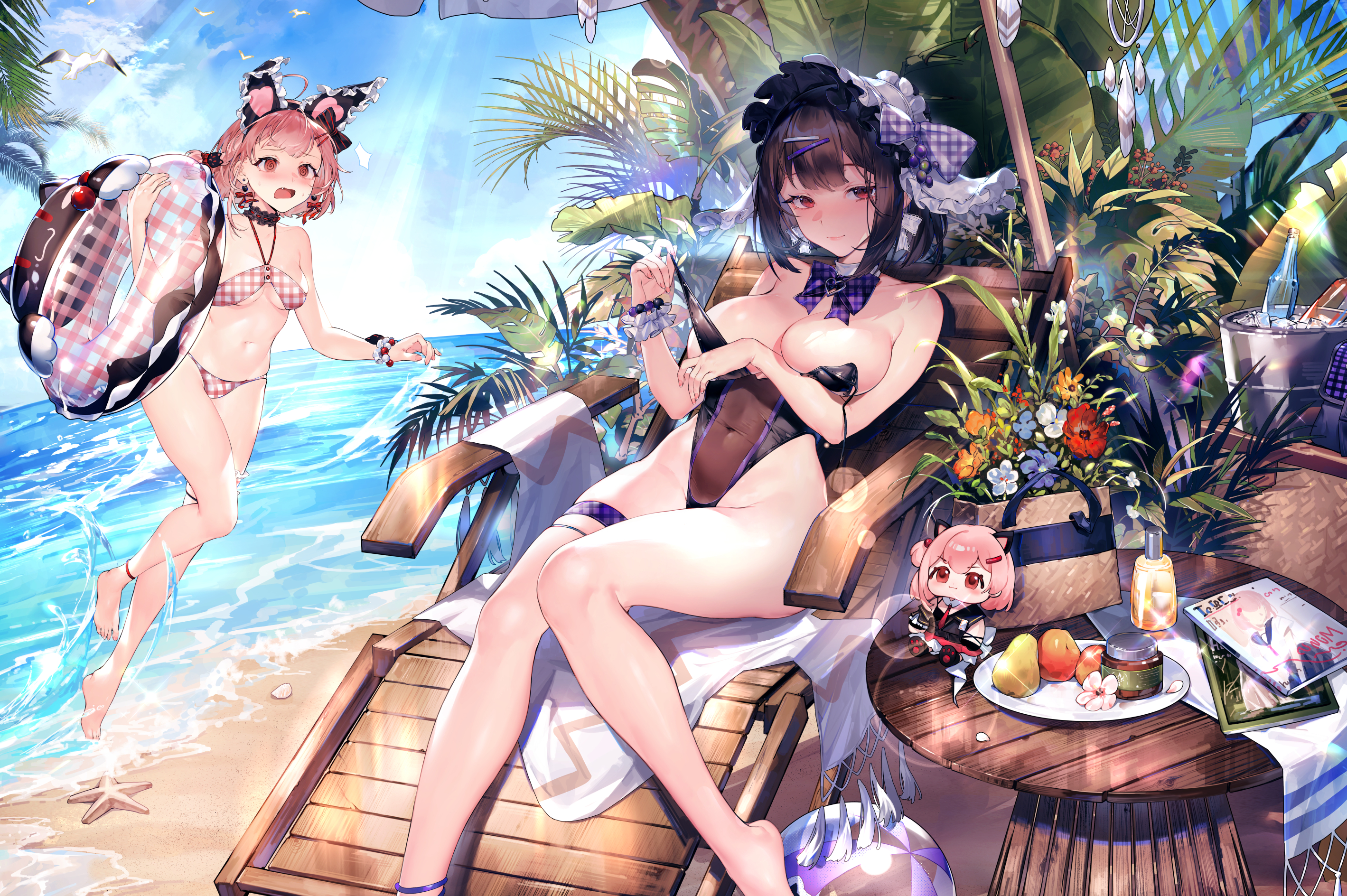 2girls animal_ears anklet ball bare_arms bare_legs bare_shoulders barefoot beach beach_chair beach_umbrella beachball bikini bird black_hair black_one-piece_swimsuit blush bottle bow bowtie breasts breeze_girl bucket casual_one-piece_swimsuit chair character_request choker cleavage cloud collarbone covered_navel day detached_collar fake_animal_ears flower food fruit hair_ornament hairband hairclip hat highleg highres holding innertube jewelry large_breasts leotard long_hair looking_at_viewer lotion multiple_girls navel ocean official_art one-piece_swimsuit open_mouth outdoors palm_leaf palm_tree pink_bikini pink_eyes pink_hair plaid_bikini plaid_bow plaid_clothes plate playboy_bunny purple_bow red_eyes sand see-through_clothes see-through_leotard short_hair sitting sky small_breasts smile splashing starfish stomach strapless sunlight sunscreen swim_ring swimsuit table thigh_strap thighs tree umbrella water wrist_cuffs xiangchizhubijin