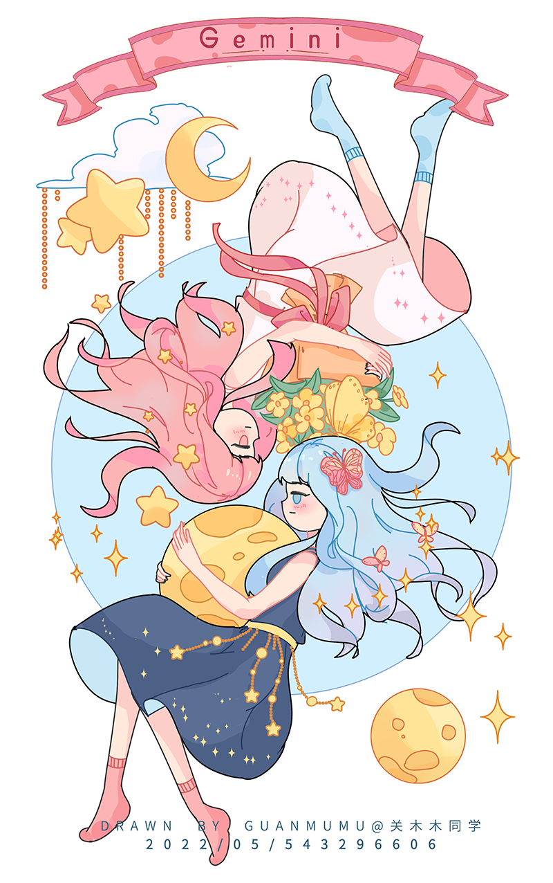 2girls ankle_socks artist_name banner belt blue_dress blue_eyes blue_hair blue_socks bouquet bug butterfly butterfly_hair_ornament circle closed_mouth cloud crescent_moon dated dress english_text eyelashes flower from_side full_body full_moon gemini_(zodiac) guanmumu hair_lift hair_ornament highres holding holding_bouquet holding_moon insect light_blush long_hair medium_dress moon multiple_girls no_shoes original pink_butterfly pink_eyes pink_hair pink_socks red_ribbon ribbon siblings sleeveless sleeveless_dress smile socks sparkle sparkle_print star_(symbol) star_hair_ornament star_print twins upside-down white_background white_dress yellow_belt yellow_flower zodiac