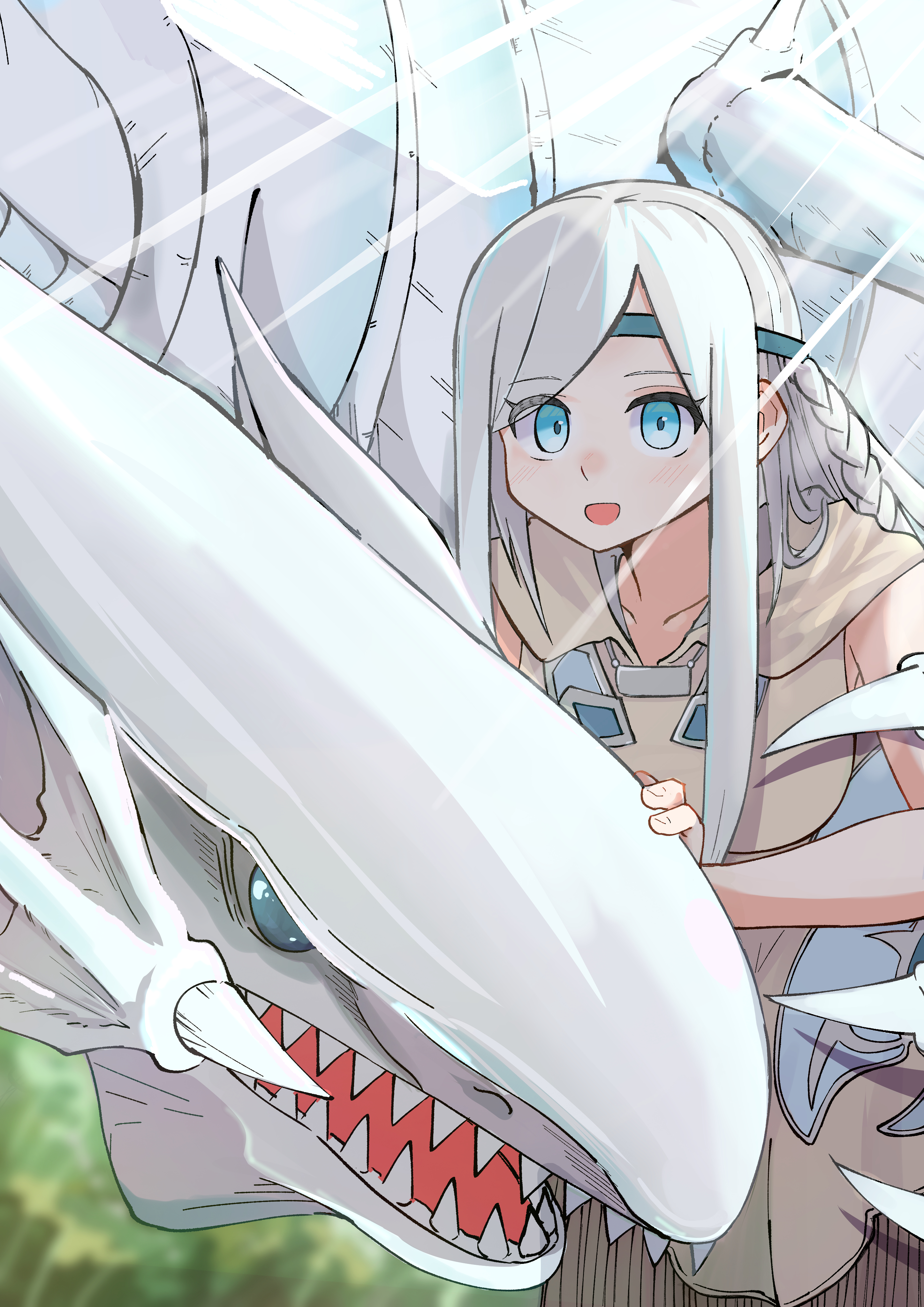 1girl absurdres bare_shoulders blue-eyes_white_dragon blue_eyes collarbone dragon dress duel_monster grey_dress highres maiden_with_eyes_of_blue sharp_teeth sonohino7 teeth white_hair yu-gi-oh!