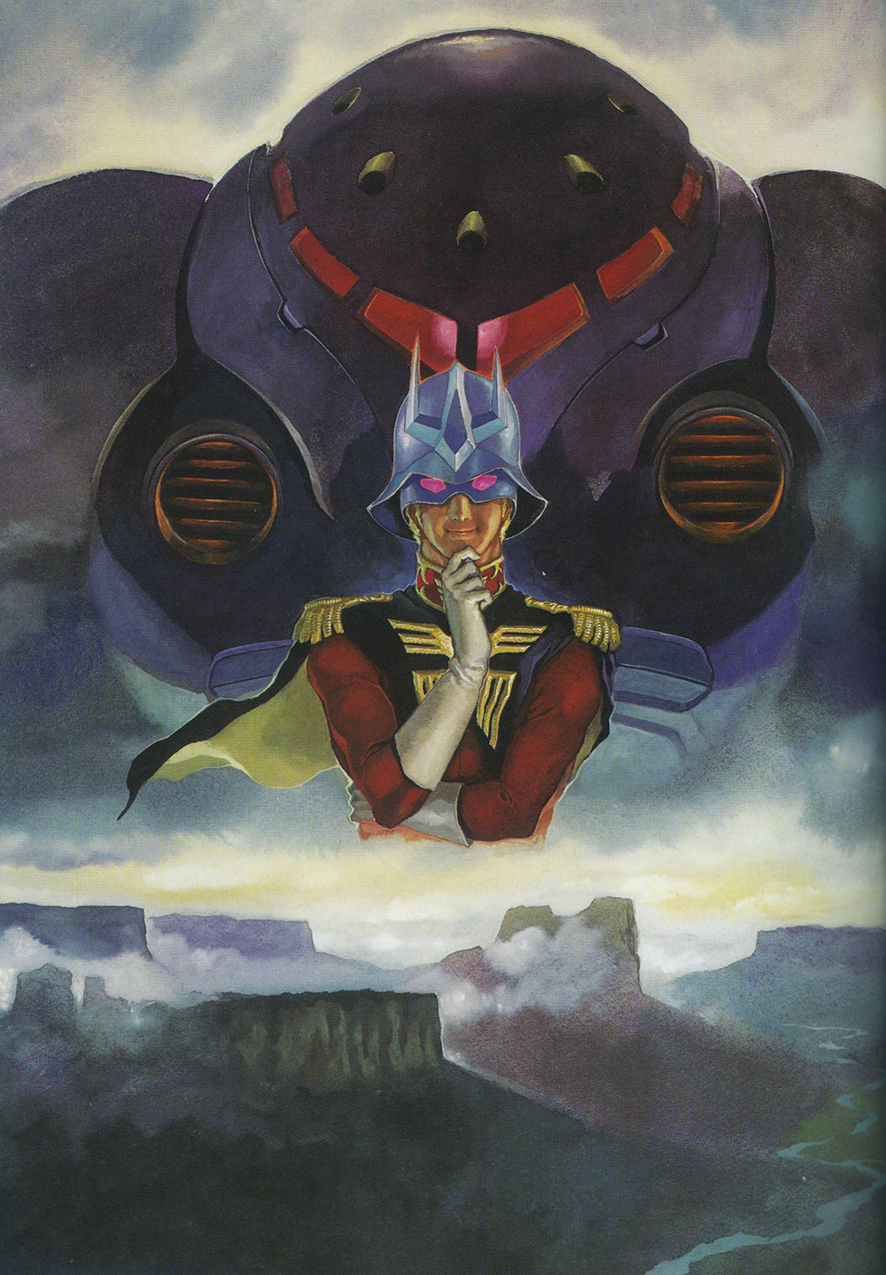1980s_(style) 1boy blonde_hair canyon cape char_aznable cloud desert dust_cloud epaulettes eye_mask gloves gundam hand_on_own_chin helmet highres male_focus mecha mobile_suit mobile_suit_gundam mobile_suit_gundam_the_origin o&#039;neill_cylinder official_art oldschool one-eyed painting_(medium) poster_(medium) promotional_art purple_eyes retro_artstyle river robot scan science_fiction smirk space_habitat spacecraft_interior thinking traditional_media watercolor_(medium) white_gloves yasuhiko_yoshikazu z&#039;gok z&#039;gok_char_custom zeon