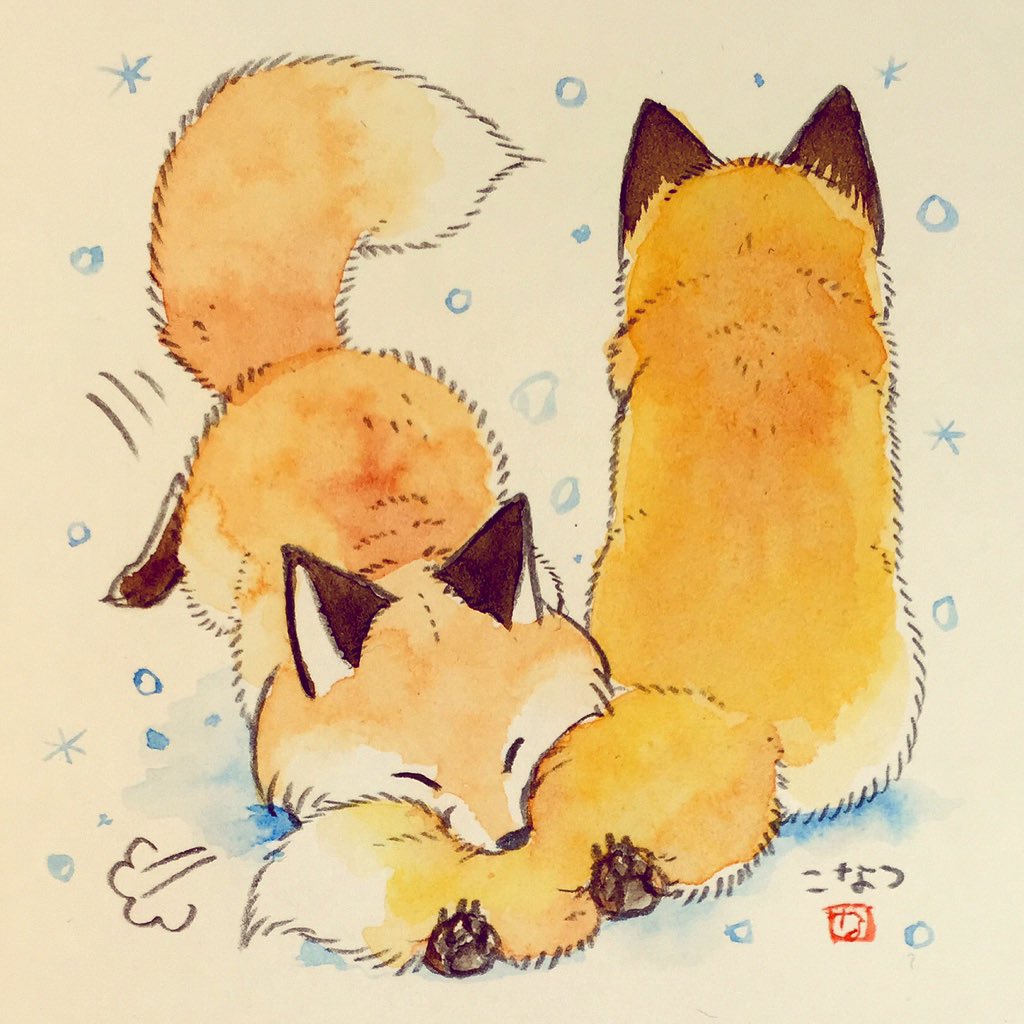 animal animal_focus biting_another&#039;s_tail closed_eyes commentary_request fluffy fox happy jumping konatsu_tunacan no_humans orange_fur original pawpads playing sitting tail traditional_media