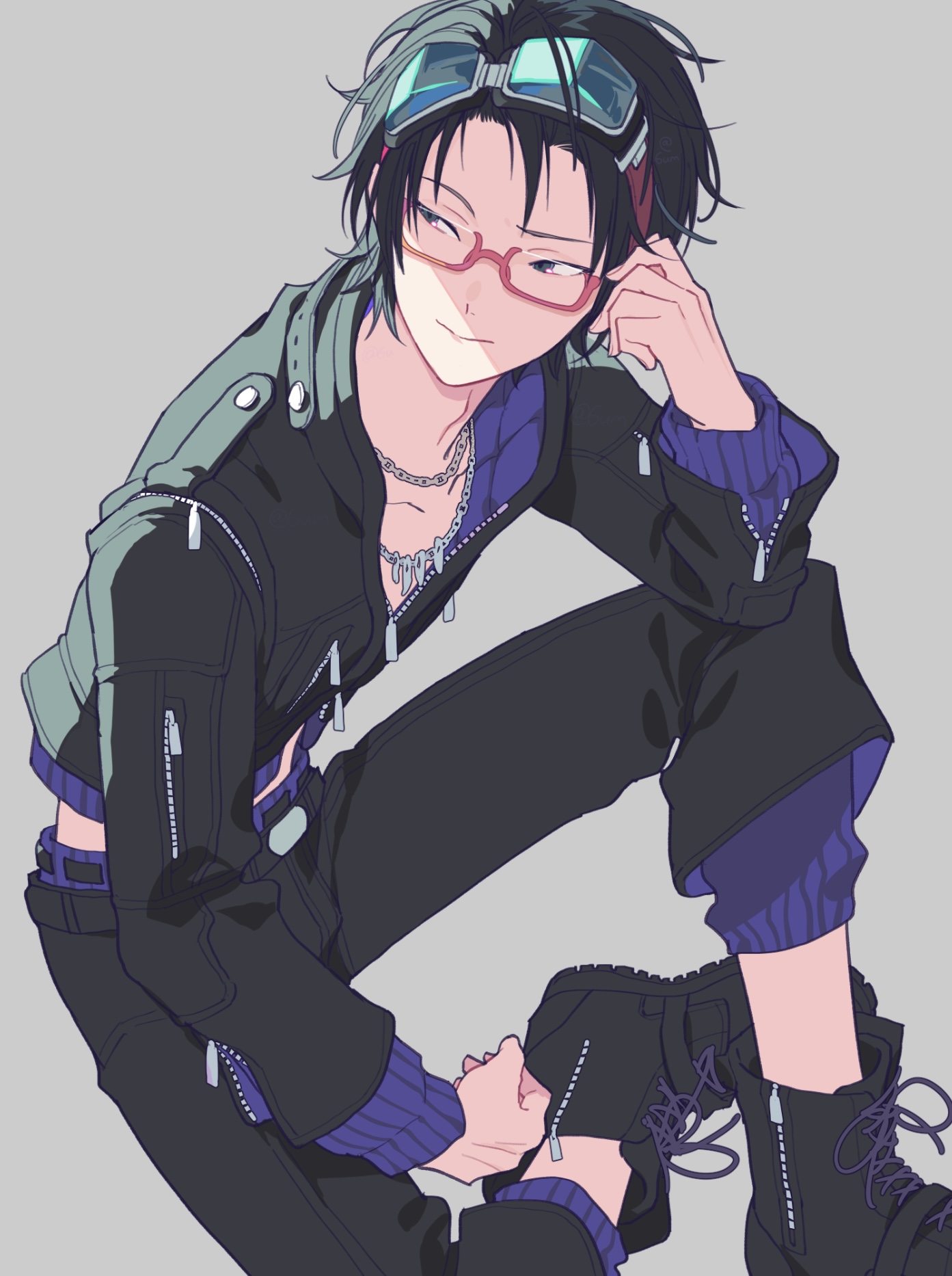 1boy black_hair glasses gnosia goggles green_hair gum_(gmng) highres jacket jewelry long_sleeves looking_at_viewer male_focus necklace pants sha-ming shirt shoes short_hair simple_background smile solo zipper