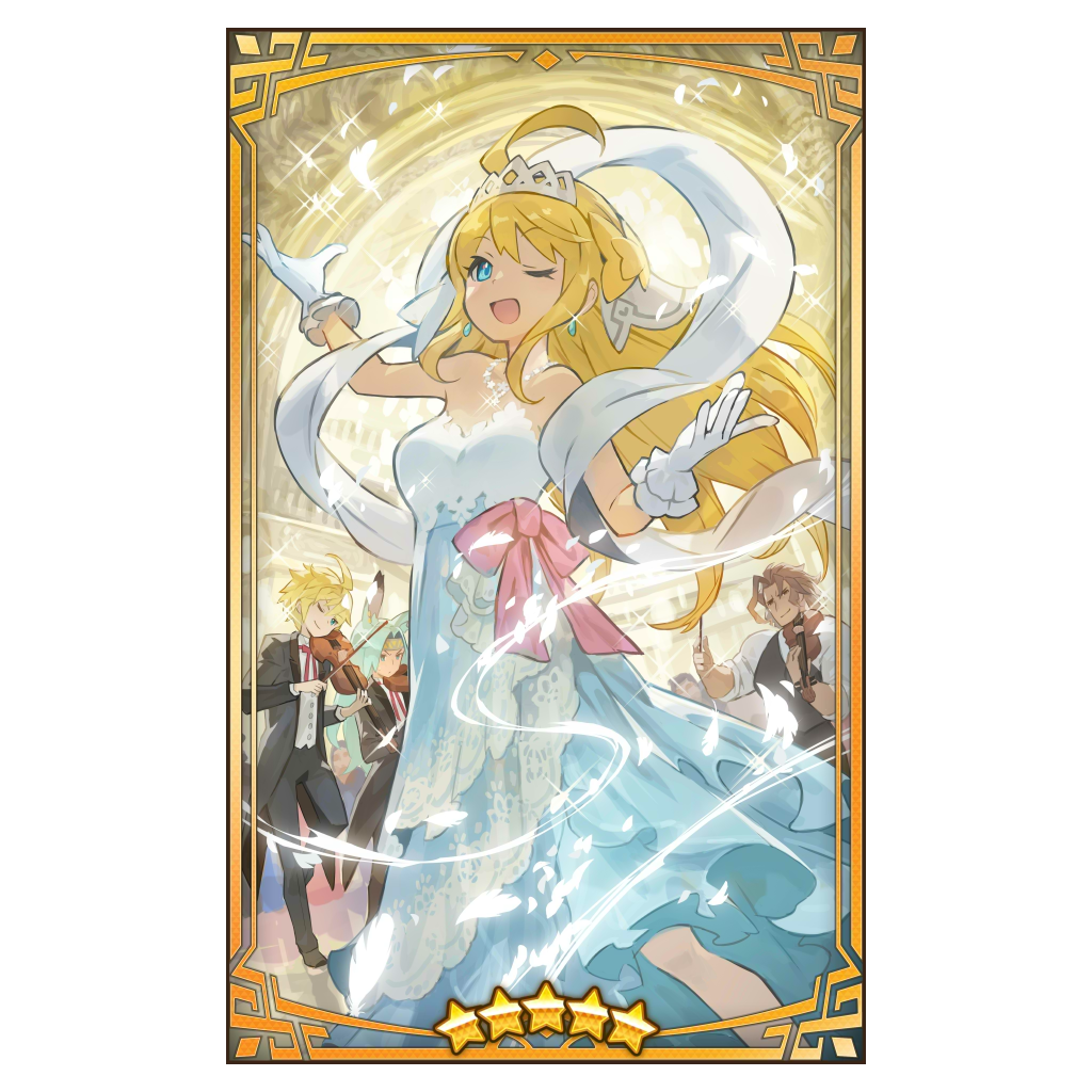 1girl 3boys ahoge alternate_costume aura bare_arms bare_shoulders blonde_hair blue_eyes breasts cygames dancing dragalia_lost dress earrings euden feathers formal_clothes gloves indoors instrument jewelry looking_at_viewer luca_(dragalia_lost) multiple_boys necklace nintendo official_alternate_costume official_art one_eye_closed party ranzal_(dragalia_lost) ribbon saitou_naoki suit tiara violin white_dress white_gloves zethia