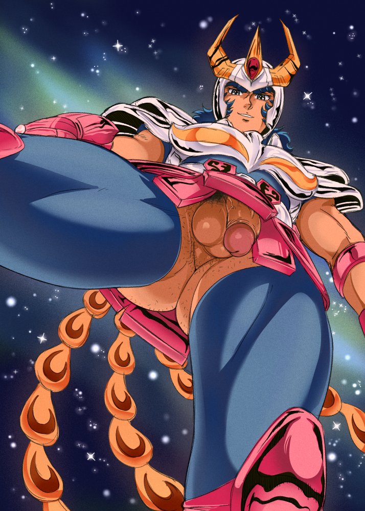 1boy aizenhower armor ass bara black_eyes blue_hair blue_shirt chest_armor from_below helmet large_pectorals looking_at_viewer male_focus male_pubic_hair muscular muscular_male pectorals penis perspective phoenix_ikki pubic_hair saint_seiya shirt short_hair shoulder_armor smile solo testicles