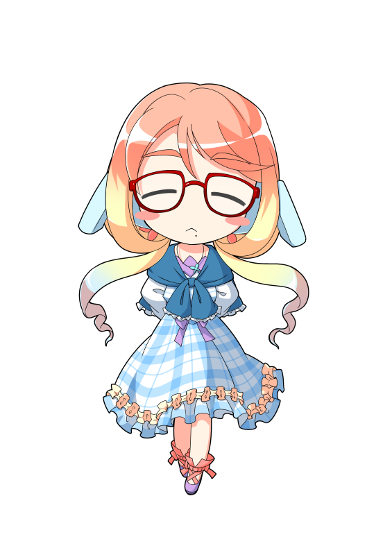 1girl :&lt; ankle_lace-up arms_behind_back blonde_hair blue_dress blush_stickers chibi chibi_only closed_eyes closed_mouth commentary_request cross-laced_shoes dairi dress facing_viewer frilled_dress frills full_body glasses gradient_hair hair_ornament haruno_sora jewelry large_variant_set long_hair long_sleeves mole mole_under_mouth multicolored_hair pendant plaid_clothes plaid_dress purple_shoes red-framed_eyewear red_ribbon ribbon shoes solo standing straight-on tachi-e transparent_background variant_set vocaloid voiceroid