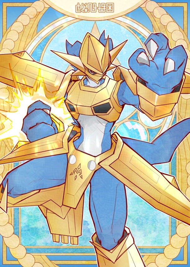 armor blue_background blue_skin colored_skin digimoji digimon digimon_(creature) dragon finalelysion glowing glowing_hand gold_armor gold_helmet magnamon red_eyes solo translated