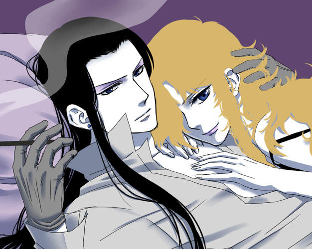 2boys androgynous between_fingers black_hair blonde_hair cigarette couple eyeshadow gloves grey_gloves hair_over_one_eye holding jack_barbarosa_bancoran lipstick looking_at_viewer lying makeup male_focus maraich_juschenfe miake_(mkasmssm) multiple_boys pale_skin patalliro! popped_collar smoke yaoi