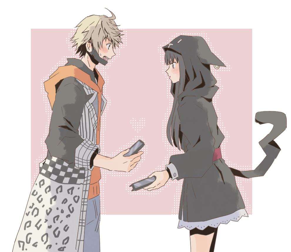 1boy 1girl animal_hood appleajyuxxxx black_eyes black_hair black_mask blonde_hair blush border cat_hood cellphone cloak closed_mouth commentary_request fake_tail holding holding_phone hood hood_down hood_up hooded_cloak hoodie kanade_rindo long_sleeves looking_at_another mask mouth_mask nyantan open_mouth orange_hoodie outside_border phone pink_background pout profile sakurane_shoka shin_subarashiki_kono_sekai short_hair simple_background subarashiki_kono_sekai tail unworn_mask white_border
