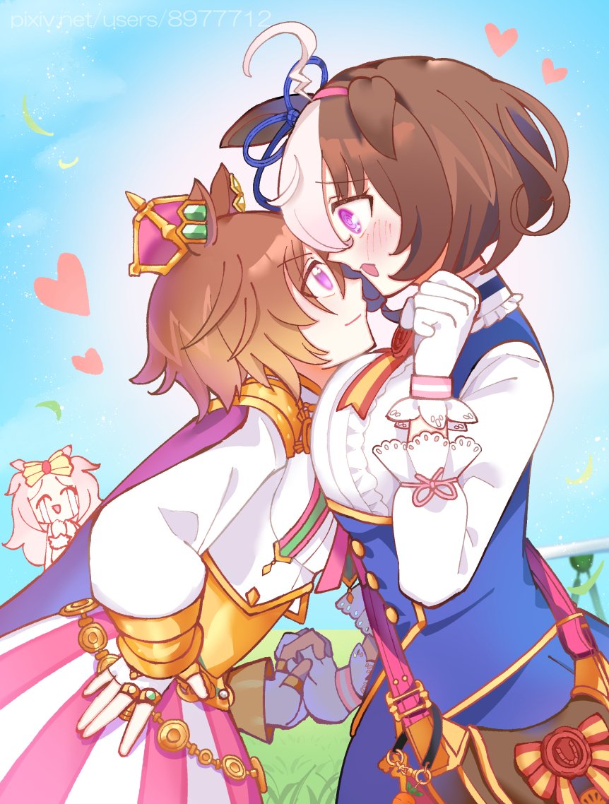 3girls @_@ agnes_digital_(umamusume) ahoge animal_ears armor asymmetrical_docking bag blade_of_grass blue_jacket blue_skirt blue_sky blush breast_press breasts brown_hair buttons cape center_frills chain chibi clenched_hand closed_eyes closed_mouth collared_shirt commentary cropped_shirt crown crying double-breasted ear_ornament ears_down eye_contact face-to-face fingerless_gloves flustered framed_breasts frilled_shirt frills from_side furrowed_brow gloves gold_armor gold_chain gold_ring hairband hand_on_own_hip hand_up happy_tears heart holding_hands horse_ears horse_girl horse_racing_track horse_tail interlocked_fingers jacket jewelry large_breasts leaning_forward long_sleeves looking_at_another loving_aura meisho_doto_(umamusume) mini_crown multicolored_hair multiple_girls multiple_rings neck_ribbon open_mouth outdoors pauldrons pink_hair pink_hairband pink_ribbon pink_skirt pixiv_id pleated_skirt profile purple_cape purple_eyes ribbed_shirt ribbon ring sairo_chihiro shirt short_hair shoulder_armor shoulder_bag skirt sky sleeveless sleeveless_jacket smile streaked_hair streaming_tears t.m._opera_o_(umamusume) tail tears two-tone_hair two-tone_skirt umamusume v-shaped_eyebrows vambraces watermark web_address white_gloves white_hair white_shirt white_skirt yuri
