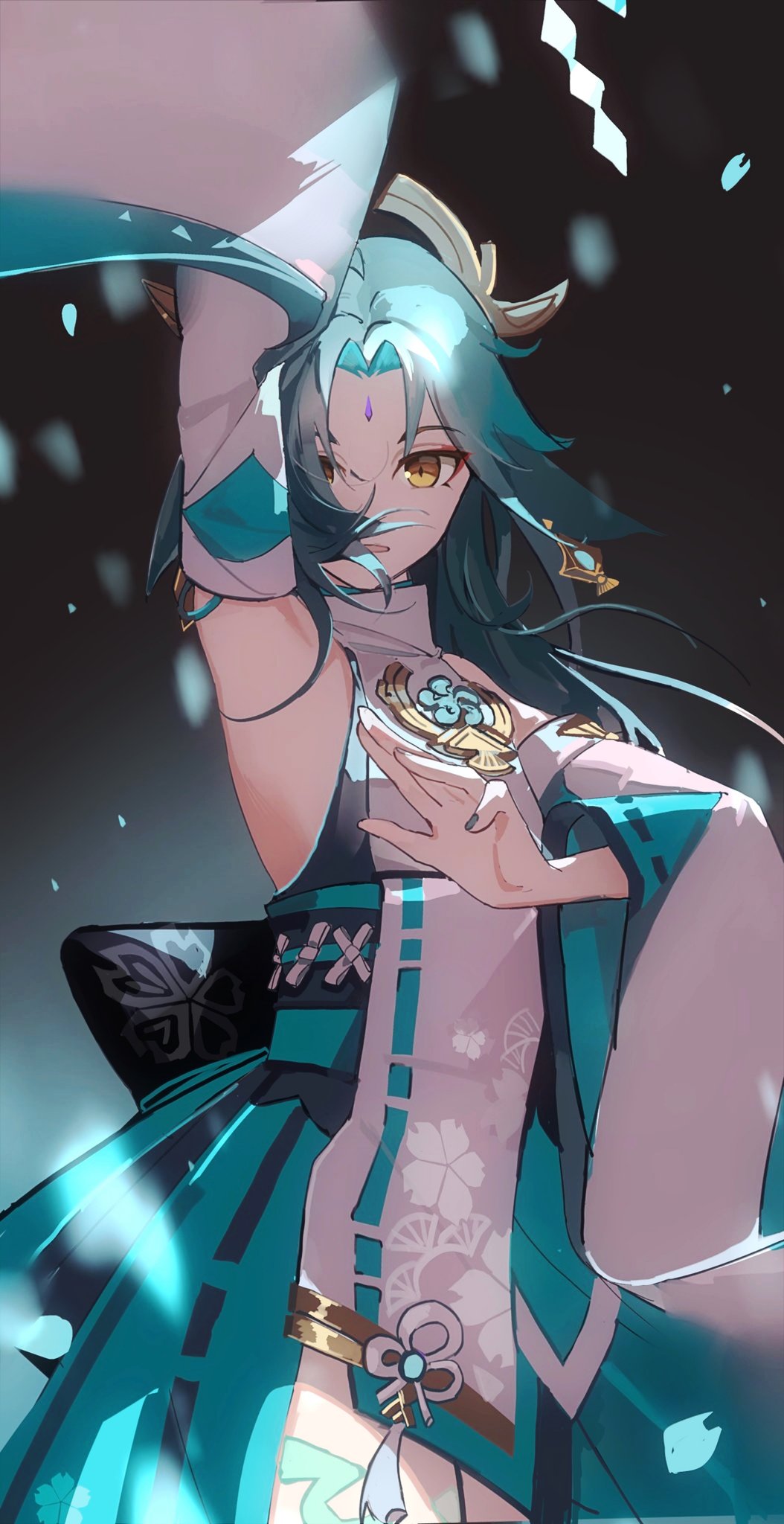 animal_ears aqua_bow aqua_hakama aqua_sash arm_up black_background blouse bow cherry_blossoms commentary_request detached_sleeves earrings facial_mark floppy_ears forehead_mark fox_ears fusion gender_request genshin_impact green_hair hakama hakama_skirt headpiece highres huashengmi japanese_clothes jewelry kimono knot long_hair long_sleeves looking_at_viewer nail_polish nontraditional_miko obi open_mouth parted_bangs petals sash shide shirt skirt solo tassel white_kimono white_shirt wide_sleeves xiao_(genshin_impact) yae_miko yellow_eyes