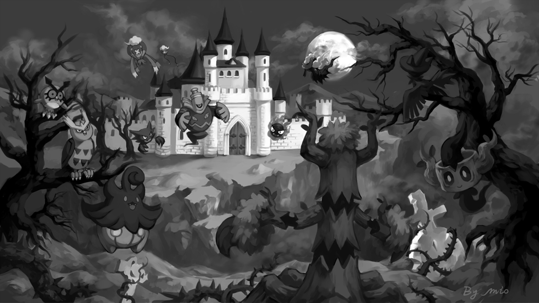 2others animal_focus artist_name bare_tree bird blank_eyes castle cloud darkrai drifblim drifloon dusknoir english_text fangs floating from_behind full_body full_moon gastly gen_1_pokemon gen_2_pokemon gen_4_pokemon gen_6_pokemon greyscale haunter hoothoot in_tree legendary_pokemon looking_at_another monochrome moon multiple_others murkrow mythical_pokemon night nintendo noctowl one-eyed open_mouth outdoors owl phantump plant pokemio pokemon pokemon_(creature) pumpkaboo signature sitting standing thorns tombstone trait_connection tree trevenant vines