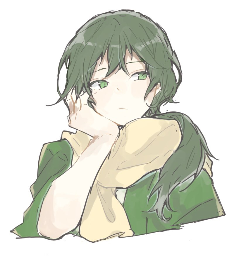 1boy closed_mouth expressionless facing_viewer green_eyes green_hair green_jacket head_rest hishida_shunsou jacket long_hair looking_to_the_side low_ponytail male_focus meiji_tokyo_renka ponytail scarf sketch solo sooooniiiii white_background yellow_scarf