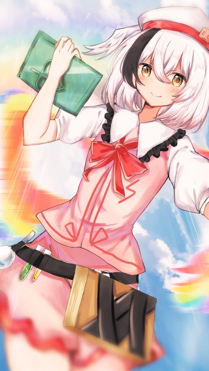 1girl belt black_belt black_hair blue_sky blurry blurry_foreground blush_stickers book bow bowtie chinese_commentary closed_mouth cloud collared_shirt commentary_request feathered_wings frilled_shirt_collar frills hand_up hat highres holding holding_book hollow_song_of_birds huangdouliuhan looking_at_viewer miniskirt multicolored_hair original pink_skirt pink_vest potion puffy_short_sleeves puffy_sleeves rainbow rainbow_wings red_bow red_bowtie red_trim shirt short_hair short_sleeves skirt sky smile streaked_hair torisumi_horou touhou vest vial white_hair white_headwear white_shirt wing_hat_ornament wings yellow_eyes