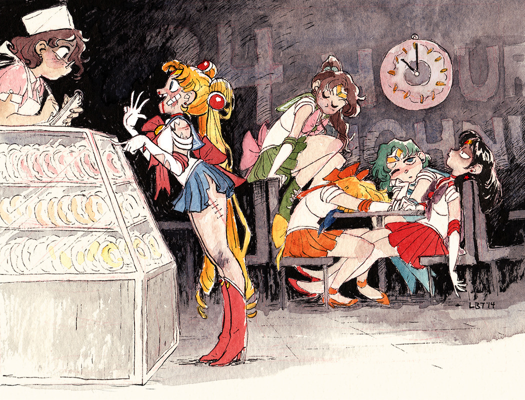 6+girls aino_minako artist_name bandaid bandaid_on_face bishoujo_senshi_sailor_moon blonde_hair blood blue_sailor_collar boots brown_hair bruise circlet clock commentary dated display_case donut_shop english_commentary from_side full_body gloves green_skirt hand_up high_heels high_ponytail hino_rei indoors injury kino_makoto lissabt long_hair magical_girl mizuno_ami multiple_girls nosebleed orange_skirt ponytail reclining red_footwear red_skirt sailor_collar sailor_jupiter sailor_mars sailor_mercury sailor_moon sailor_venus short_hair sitting skirt stitches torn_clothes torn_gloves torn_skirt tsukino_usagi