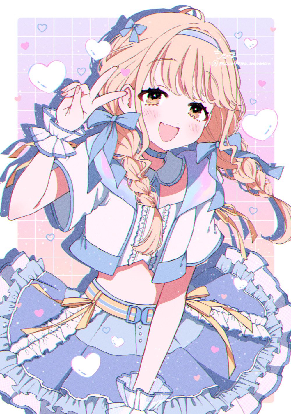 1girl blonde_hair blue_ribbon blue_skirt blush border braid center_frills commentary cropped_jacket cropped_shirt fang fingernails frilled_wristband frills fujita_kotone gakuen_idolmaster grid_background hair_ribbon heart highres idolmaster long_hair looking_at_viewer maumauma_mau midriff ribbon ribbon_braid sekaiichi_kawaii_watashi_(idolmaster) signature skin_fang skirt smile solo twin_braids twitter_username v white_border yellow_eyes