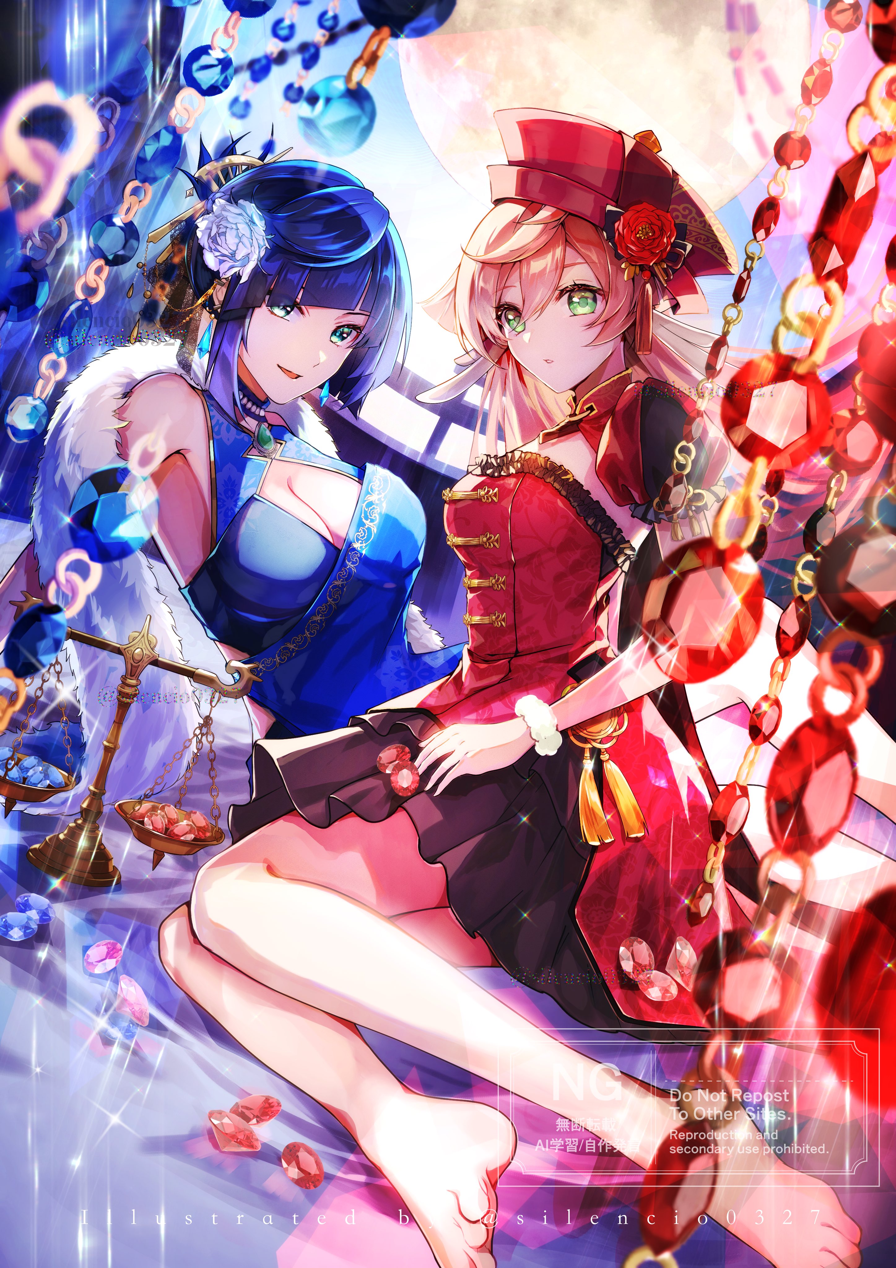 2girls absurdres alternate_costume armpit_crease balance_scale barefoot blue_dress blue_flower blue_gemstone blue_hair breasts cleavage commentary_request diagonal_bangs dress flower fur_trim gem genshin_impact green_eyes hair_between_eyes hair_flower hair_ornament hat hat_flower highres large_breasts looking_at_viewer medium_hair multiple_girls muri_(pan'ichi_murimuri_geinin) parted_lips red_dress red_flower red_gemstone red_hair red_hat sitting sleeveless sleeveless_dress smile strapless strapless_dress toes weighing_scale xiezhi_guan yanfei_(genshin_impact) yelan_(genshin_impact)