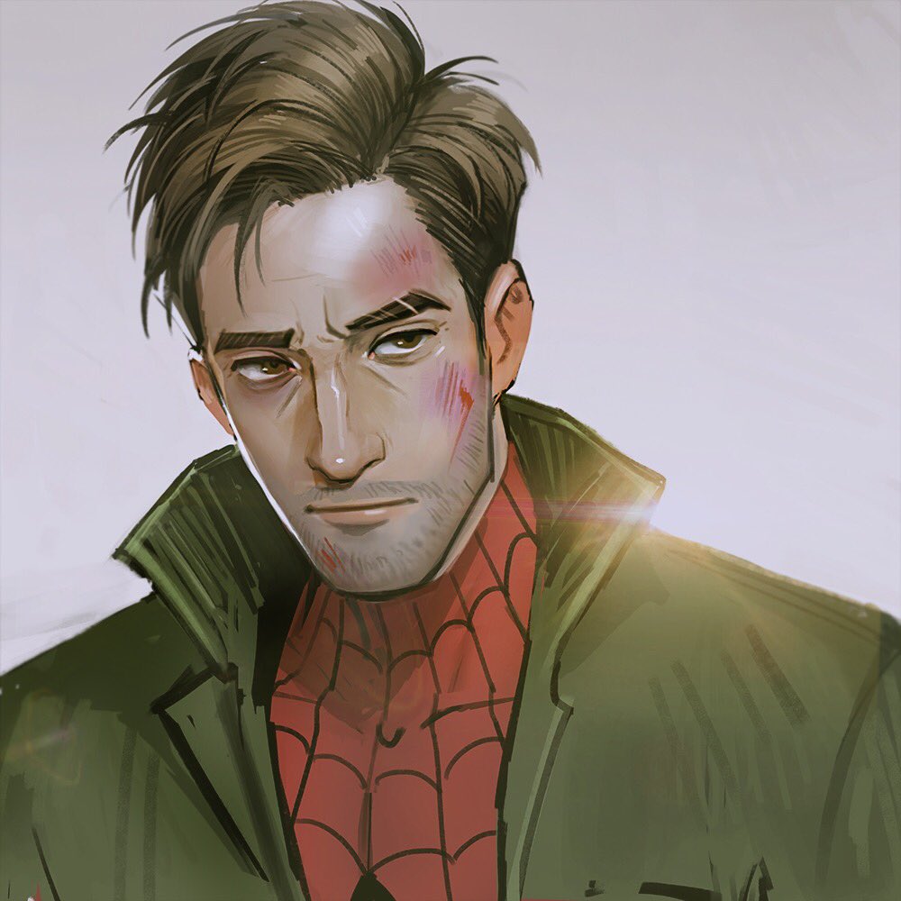 1boy beard_stubble blood blood_on_face bodysuit brown_eyes brown_hair bruise bruise_on_face collared_jacket commentary english_commentary facial_hair green_jacket injury jacket looking_to_the_side male_focus marvel mistermagnolia open_clothes open_jacket peter_b_parker popped_collar red_bodysuit sideburns sideways_glance simple_background solo spider-man:_into_the_spider-verse spider-man_(series) spider-verse spider_web_print stubble superhero_costume white_background