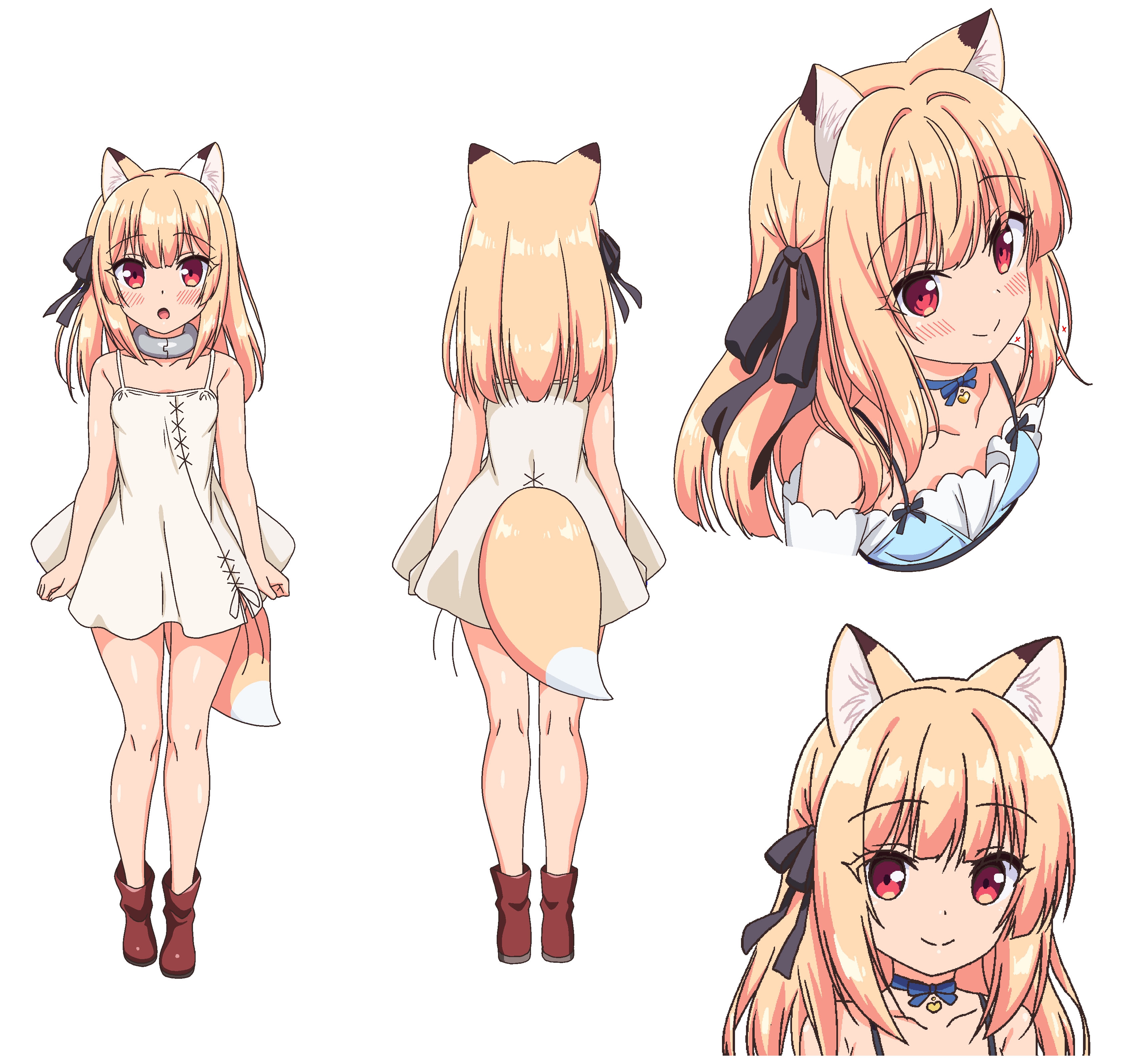 1girl absurdres animal_ear_fluff animal_ears black_ribbon blonde_hair blue_dress boku_no_risou_no_isekai_seikatsu boots reference_sheet chise_(ichiri) clothing_cutout collar color_guide dress fox_ears fox_girl fox_tail full_body hair_ribbon highres medium_hair metal_collar multiple_views red_eyes ribbon sazaki_ichiri smile standing tail tail_through_clothes turnaround white_background white_dress