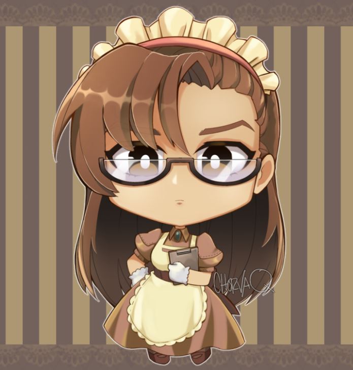 1girl apron asymmetrical_bangs bright_pupils brown-framed_eyewear brown_background brown_dress brown_eyes chorvaqueen clipboard closed_mouth commentary commentary_request dress english_commentary expressionless frilled_apron frills full_body glasses gloves holding holding_clipboard kafra_uniform leilah_(ragnarok_online) long_hair looking_at_viewer maid maid_headdress puffy_short_sleeves puffy_sleeves ragnarok_online short_sleeves signature solo striped_background white_apron white_gloves white_pupils