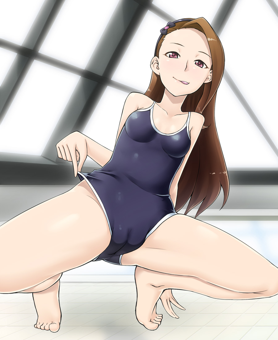 爪先立ち生足エロ画像 tkhs, minase iori, idolmaster, idolmaster (classic), idolmaster 2, bad id,  bad pixiv id, 10s, 1girl, :q, bare arms, bare legs, bare shoulders,  barefoot, brown hair, cameltoe, collarbone, competition school swimsuit,  competition swimsuit,