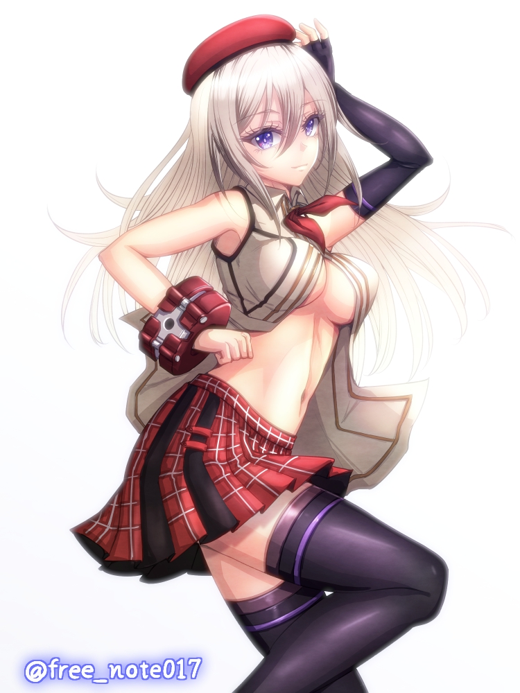 1girl alisa_ilinichina_amiella arm_up bare_shoulders beret black_boots blue_eyes boots bracer breasts closed_mouth collared_shirt commentary_request cowboy_shot elbow_gloves fingerless_gloves free_note017 gloves god_eater god_eater_2:_rage_burst grey_hair hair_between_eyes hat long_hair looking_at_viewer medium_breasts navel neckerchief partially_unbuttoned plaid_clothes plaid_skirt pleated_skirt red_hat red_neckerchief red_skirt shirt sidelocks simple_background single_elbow_glove single_fingerless_glove skindentation skirt sleeveless sleeveless_shirt solo standing standing_on_one_leg stomach thigh_boots thighhighs twitter_username underboob white_background white_shirt zettai_ryouiki
