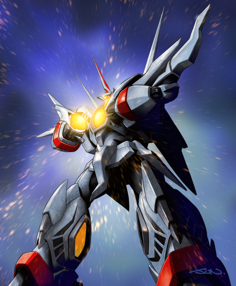 clenched_hands glowing glowing_eye hades_project_zeorymer horns looking_ahead mecha mecha_focus nakamura_jun&#039;ichi no_humans one-eyed robot science_fiction single_horn solo standing super_robot yellow_eyes zeorymer