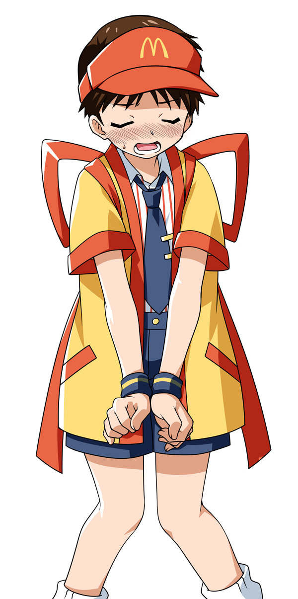 1boy akou_roushi apron black_hair blush closed_eyes collared_shirt cosplay feet_out_of_frame happi highres ikari_shinji imadake_dabuchi_tabemi imadake_dabuchi_tabemi_(cosplay) japanese_clothes mcdonald&#039;s necktie neon_genesis_evangelion open_mouth shirt short_hair shorts simple_background socks solo striped_apron striped_clothes sweatdrop tasuki tie_clip vertical-striped_apron vertical-striped_clothes visor_cap white_background white_shirt wristband
