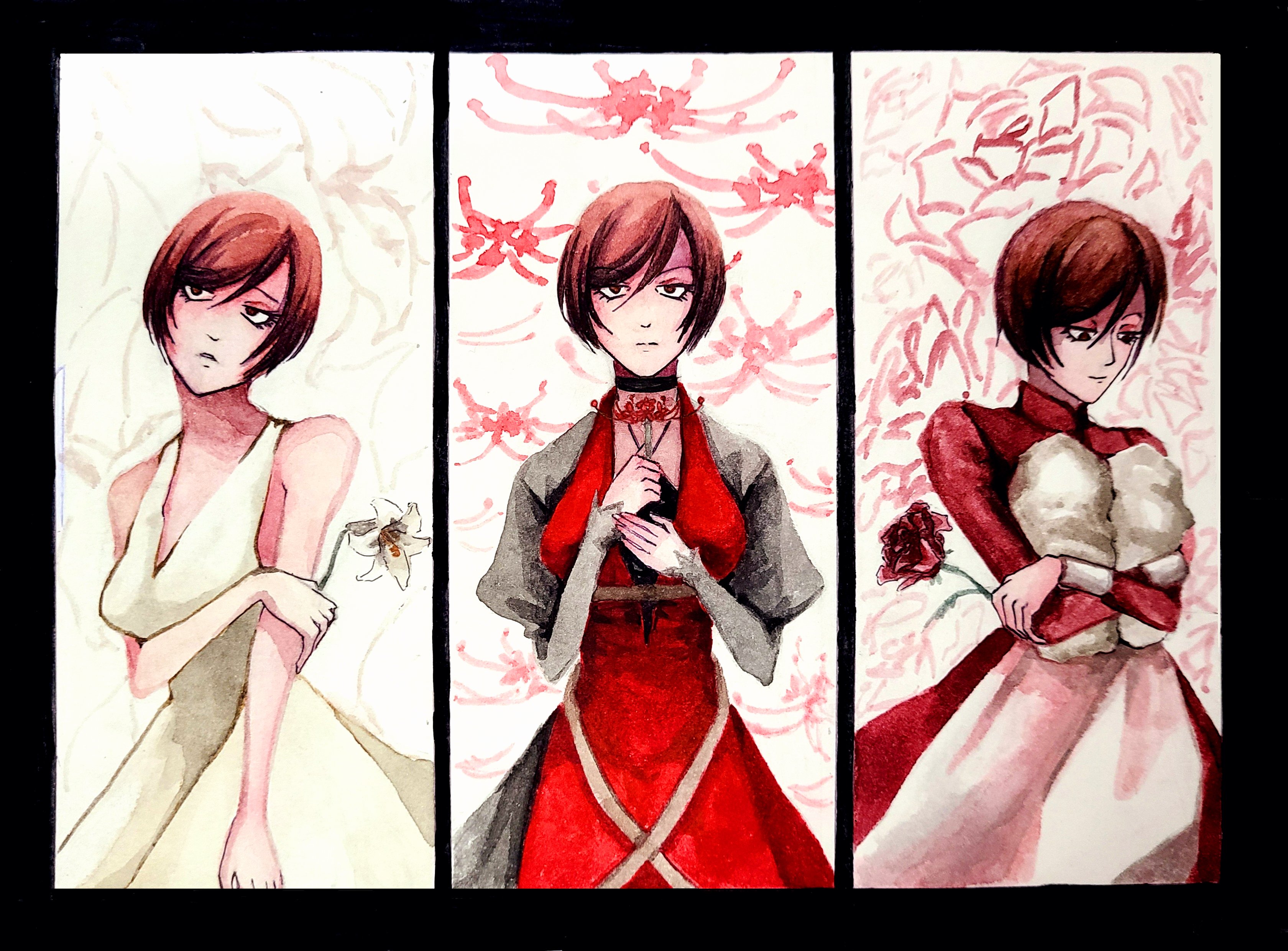 1girl absurdres apron baby bare_arms bare_shoulders black_choker black_sleeves brown_eyes brown_hair carrying carrying_baby carrying_person choker collared_dress dress evillious_nendaiki flower gouache_(medium) gretel_(evillious_nendaiki) hansel_(evillious_nendaiki) highres holding holding_flower lily_(flower) looking_at_another looking_at_viewer looking_down looking_up majo_salmhofer_no_toubou_(vocaloid) meiko_(vocaloid) meta28050 meta_salmhofer moonlit_bear_(vocaloid) mother_and_daughter mother_and_son multiple_persona painting_(medium) progression red_dress red_flower red_rose rose short_hair smile solo_focus spider_lily traditional_media upper_body vocaloid waist_apron watercolor_(medium) white_apron white_dress