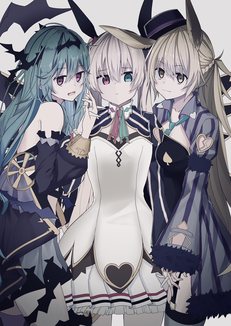 3girls alternate_height animal_ears aqua_eyes aqua_hair black_hat black_leotard blonde_hair breasts chaos_alice_(grimms_notes) chaos_aurora_(grimms_notes) chaos_white_rabbit_(grimms_notes) closed_mouth cowboy_shot dress grimms_notes hat heterochromia holding_hands iumi_urura jacket leotard medium_breasts messy_hair multiple_girls open_mouth pink_eyes pleated_skirt purple_dress purple_jacket purple_thighhighs rabbit_ears single_thighhigh skirt smile thighhighs thighs thorns top_hat twintails white_background white_dress white_skirt yellow_eyes