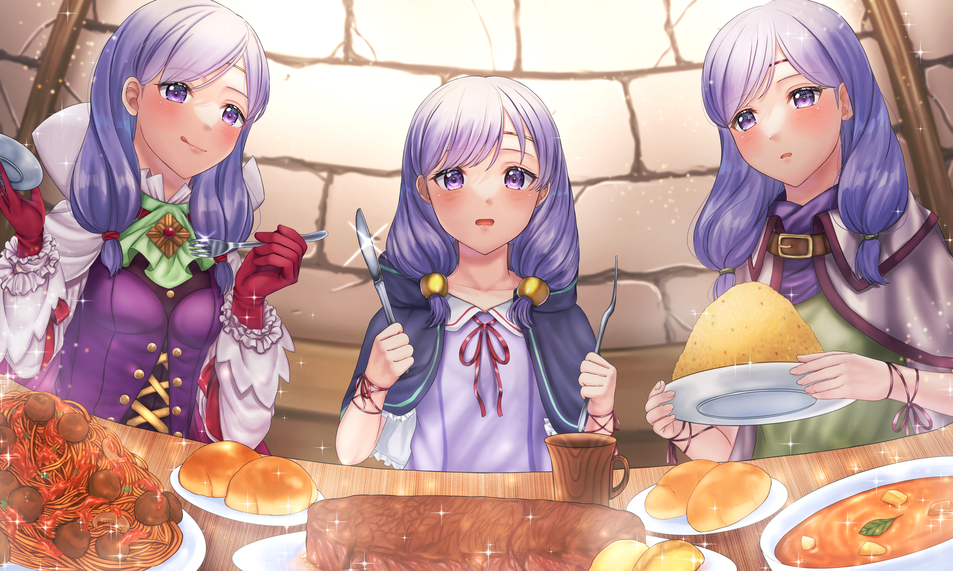 3girls belt_pouch blush bread bread_bun cape capelet circlet commission fire_emblem fire_emblem:_path_of_radiance fire_emblem_heroes food food_focus fork gloves hair_ornament hand_on_own_chest hand_up highres ilyana_(awakened_appetite)_(fire_emblem) ilyana_(fire_emblem) jewelry lilina_(fire_emblem) lilina_(halloween)_(fire_emblem) long_hair looking_at_viewer low_twintails miniskirt multiple_girls nei_(aduma1120ponpon) nintendo pasta pouch purple_eyes purple_hair short_sleeves skeb_commission skirt spaghetti spoon standing steak twintails