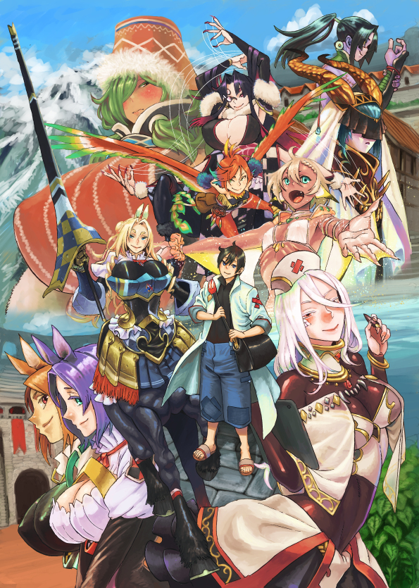1boy 6+girls animal_ears arachne arahnia_taranterra_arachnida armor arthropod_girl bag blonde_hair breasts centaur character_request cleavage commentary_request dark_skin dione_nephilim doctor fins glenn_litbeit green_eyes hair_between_eyes hair_over_one_eye harpy head_fins holding holding_weapon horns horse_ears illy_(monster_musume_no_oisha-san) insect_girl kanemaki_thomas kay_(monster_musume_no_oisha-san) kay_arte kunai_zenow lamia lance large_breasts long_coat lorna_(monster_musume_no_oisha-san) lorna_arte lulala_heine maid monster_girl monster_musume_no_oisha-san multiple_girls nurse pink_hair polearm saphentite_neikes skadi_dragenfelt small_breasts spider_girl taur tisalia_scythia veil weapon webbed_hands winged_arms wings