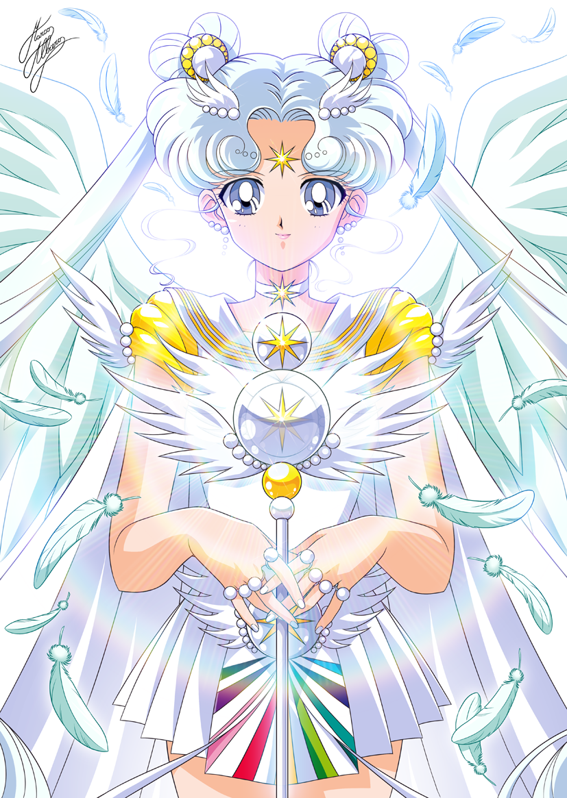 1girl backlighting bishoujo_senshi_sailor_moon bishoujo_senshi_sailor_moon_stars brooch cape choker double_bun facial_mark feathers forehead_mark grey_eyes hair_bun heart_hair_bun jewelry marco_albiero miniskirt pink_lips pleated_skirt ring sailor_collar sailor_cosmos sailor_senshi_uniform signature skirt smile solo staff star_(symbol) star_facial_mark twintails white_choker white_hair white_sailor_collar wing_brooch wings