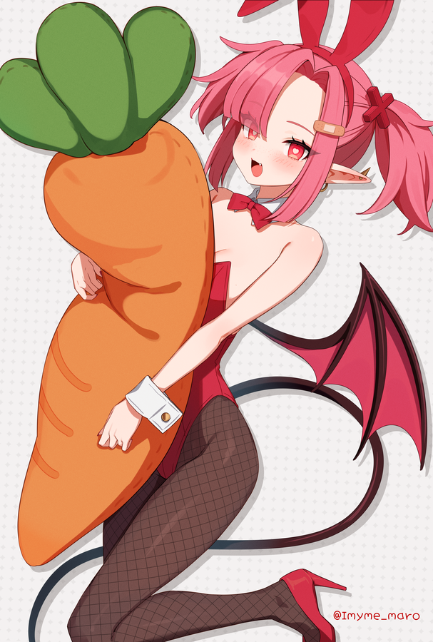 1girl animal_ears bandaid bandaid_hair_ornament bare_shoulders blush bow bowtie breasts carrot demon_girl demon_tail demon_wings detached_collar fishnet_pantyhose fishnets hair_ornament heart heart-shaped_pupils high_heels holding holding_carrot leotard looking_at_viewer marota mary_(marota) open_mouth original pantyhose playboy_bunny pointy_ears ponytail red_bow red_bowtie red_leotard simple_background small_breasts smile solo stuffed_carrot stuffed_toy symbol-shaped_pupils tail traditional_bowtie twintails white_background wings wrist_cuffs