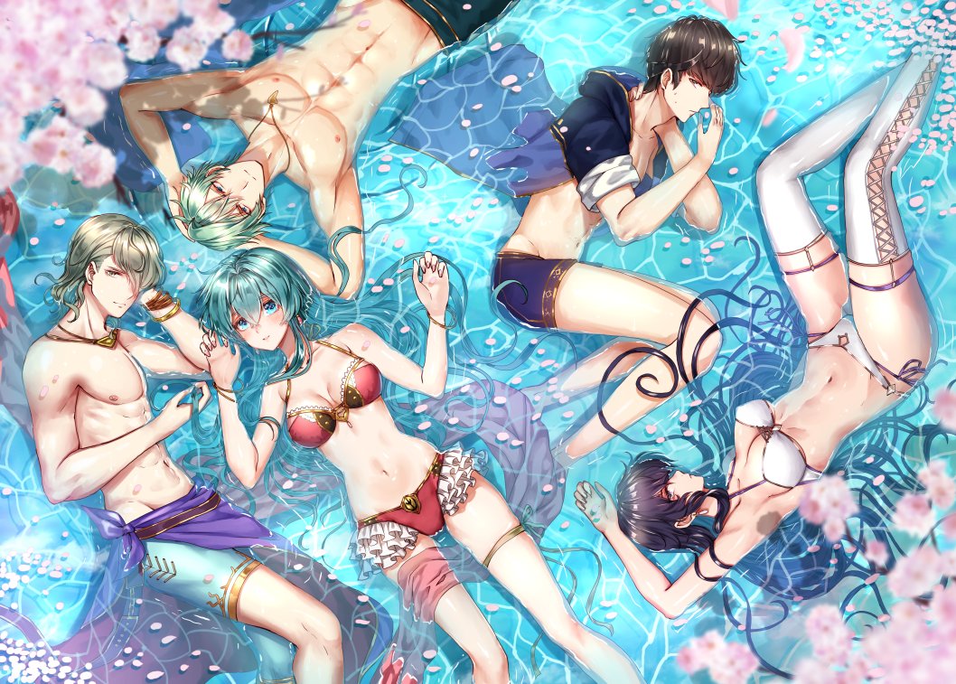 2girls 3boys abs aqua_hair arms_behind_head ayra_(fire_emblem) berkut_(fire_emblem) bikini black_hair blue_eyes blue_male_swimwear blue_swim_trunks bracelet breasts brother_and_sister cleavage closed_mouth eirika_(fire_emblem) ephraim_(fire_emblem) fire_emblem fire_emblem:_genealogy_of_the_holy_war fire_emblem:_the_sacred_stones fire_emblem_echoes:_shadows_of_valentia fire_emblem_heroes grey_hair innes_(fire_emblem) innes_(flawless_form)_(fire_emblem) jewelry long_hair lying male_swimwear medium_breasts multiple_boys multiple_girls muscular navel necklace nintendo on_back on_side petals red_bikini short_hair short_sleeves siblings swim_trunks swimsuit topless_male wani_(fadgrith) water white_bikini white_legwear white_male_swimwear white_swim_trunks