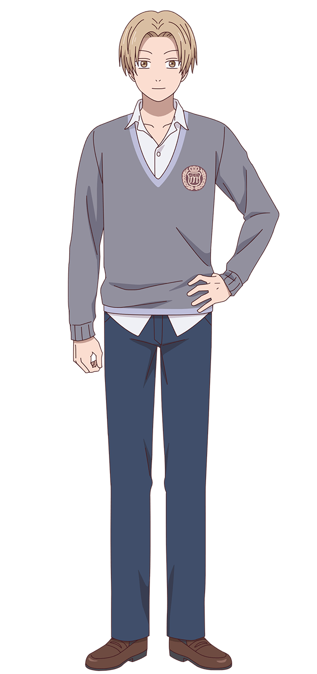 1boy arm_at_side blue_pants brown_eyes brown_hair brown_shoes closed_mouth collarbone collared_shirt curtained_hair dress_shirt full_body grey_sweater hand_on_own_hip highres kido_yuzuru kuroiwa_medaka_ni_watashi_no_kawaii_ga_tsuujinai legs_apart loafers long_sleeves looking_at_viewer official_art open_collar pants parted_bangs school_emblem school_uniform shirt shoes short_hair solo standing sweater tachi-e transparent_background untucked_shirt v-neck very_short_hair white_shirt