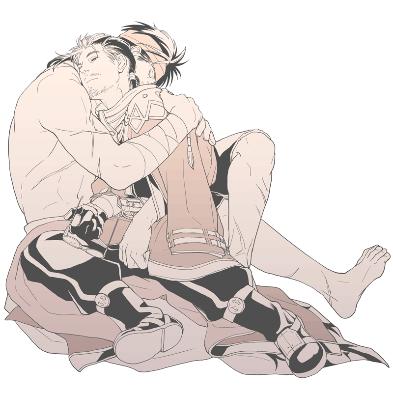2boys 4100 arm_sling armor auron bara black_hair boots closed_eyes unworn_eyewear facial_hair final_fantasy final_fantasy_x gloves half-closed_eyes headband holding holding_removed_eyewear hug japanese_clothes jecht limited_palette long_hair male_focus multiple_boys muscular muscular_male no_eyewear on_floor ponytail scar shoulder_armor sitting topless_male white_background yaoi