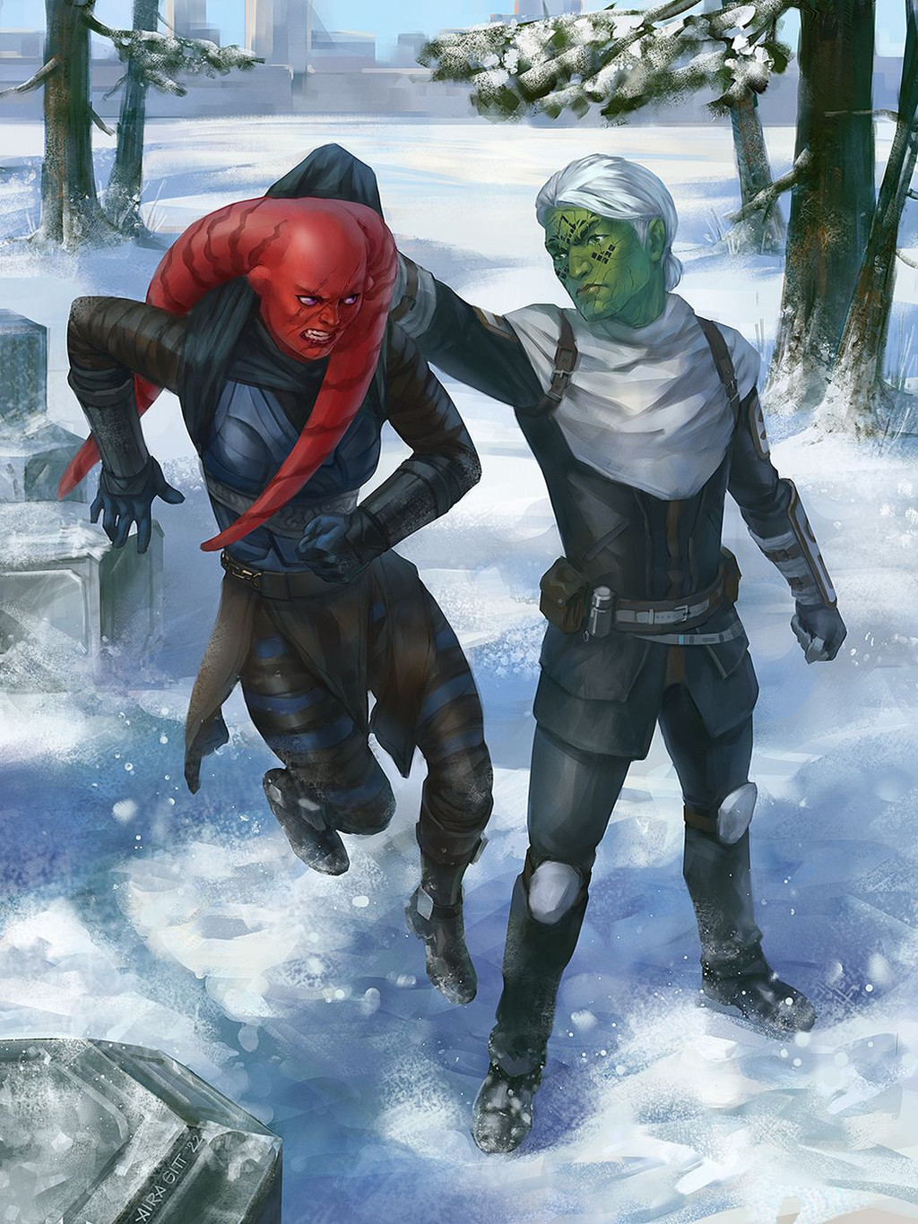 2girls airagitt alien armor belt_pouch black_gloves clenched_hand clenched_teeth colored_skin day facial_mark gloves green_skin highres lekku_(anatomy) lifting_person looking_at_another mirialan multiple_girls outdoors pouch purple_eyes red_skin scar scar_across_eye scar_on_face short_hair snow star_wars star_wars:_the_old_republic teeth tree twi&#039;lek updo white_hair