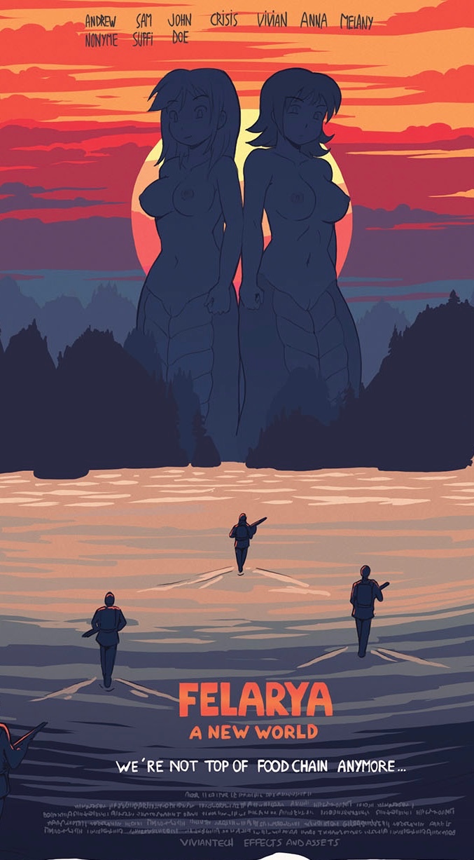 2girls 3boys anna_(karbo) breasts casual_nudity crisis felarya giant giantess highres karbo king_kong_(series) kong:_skull_island lamia legendary_pictures medium_breasts monster_girl monsterverse multiple_boys multiple_girls nipples nude pussy sunset
