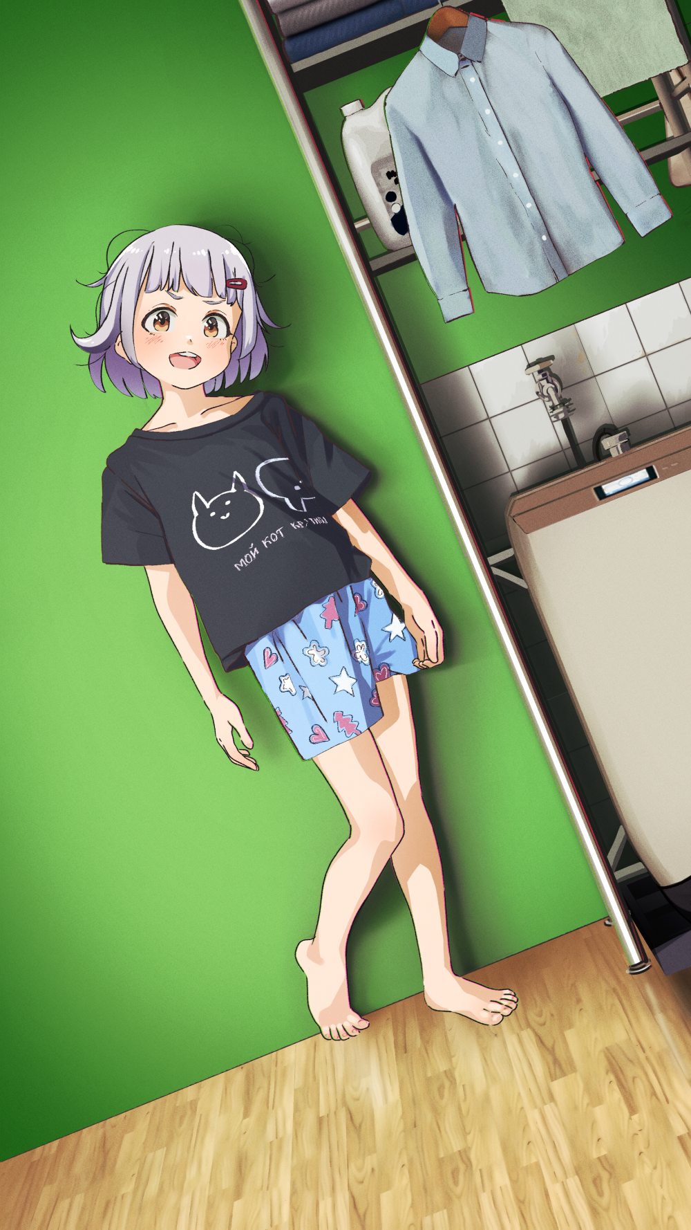 1girl :d arms_at_sides barefoot black_shirt blue_shirt blunt_bangs blush bob_cut boxers brown_eyes clothes_hanger clothes_writing collarbone commentary cyrillic dress_shirt dutch_angle foot_up full_body green_background grey_hair hair_ornament hair_strand hairclip head_tilt highres indoors jug_(bottle) katya_(servachok) looking_at_viewer male_underwear messy_hair open_mouth original russian_commentary russian_text servachok shirt short_hair short_shorts short_sleeves shorts smile smug solo standing standing_on_one_leg t-shirt teeth tile_wall tiles toes top-load_washing_machine translation_request underwear unworn_shirt upper_teeth_only v-shaped_eyebrows washing_machine wooden_floor