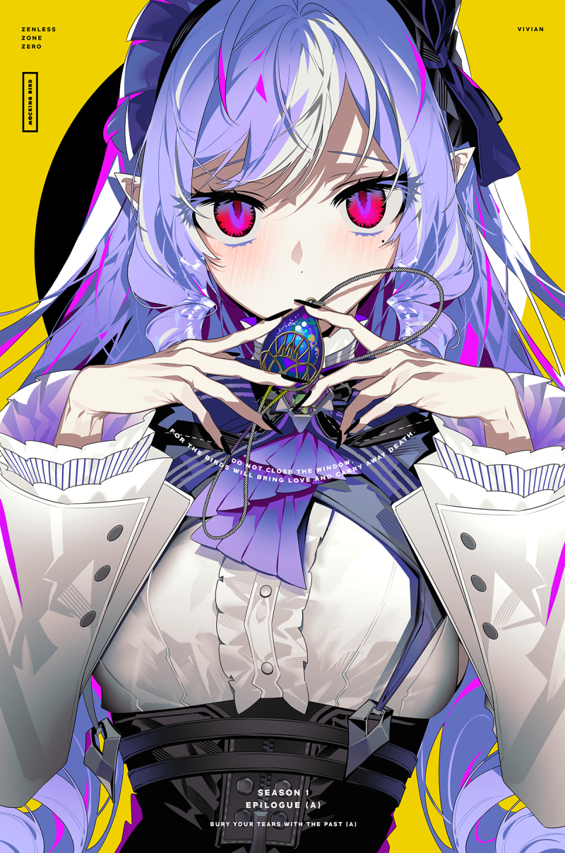 1girl ascot black_nails blush bow bowtie breasts center_frills commentary fingernails frilled_sleeves frills highres holding holding_jewelry holding_necklace jewelry large_breasts long_fingernails long_hair long_sleeves looking_at_viewer multicolored_hair mzet nail_polish necklace pointy_ears purple_ascot purple_bow purple_bowtie purple_hair red_eyes shirt_tucked_in solo streaked_hair underbust upper_body very_long_hair vivian_banshee yellow_background zenless_zone_zero