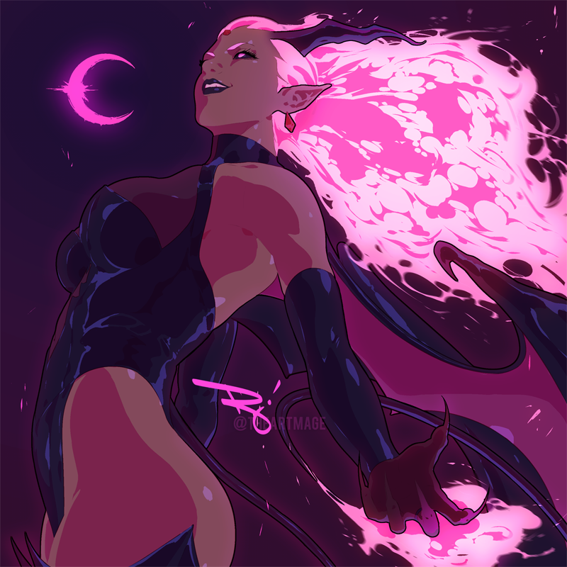 1girl bare_shoulders bat_wings black_gloves black_horns black_leotard black_lips black_sclera castlevania_(series) castlevania:_nocturne claws colored_sclera crescent_moon crystal_earrings dark-skinned_female dark_skin demon_tail drolta_tzuentes earrings fiery_hair gloves horns jewelry leotard moon pink_eyes pink_hair pink_moon solo tail the_art_mage thighs twitter_username vampire wings