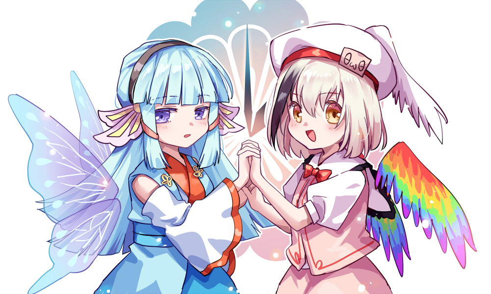 2girls akinomiya_asuka black_hair black_hairband blue_hair blue_kimono blunt_bangs bow bowtie collared_shirt detached_sleeves hairband hat hollow_song_of_birds japanese_clothes kimono light_blue_hair long_hair medium_hair multicolored_hair multiple_girls open_mouth parted_lips pink_vest puffy_short_sleeves puffy_sleeves purple_eyes red_bow red_bowtie riverbed_soul_saver shirt short_sleeves sleeveless sleeveless_kimono smile suitenguu_no_himemiko torisumi_horou touhou vest white_hair white_headwear white_shirt white_sleeves wings yellow_eyes