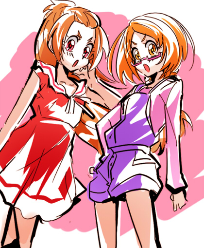 10s 2girls :o biho_(tsuinku) brown_eyes brown_hair dokidoki!_precure glasses half_updo long_hair madoka_aguri multiple_girls overalls pink-framed_eyewear pink_background precure red_eyes red_skirt shirabe_ako shirt short_hair shorts skirt standing suite_precure