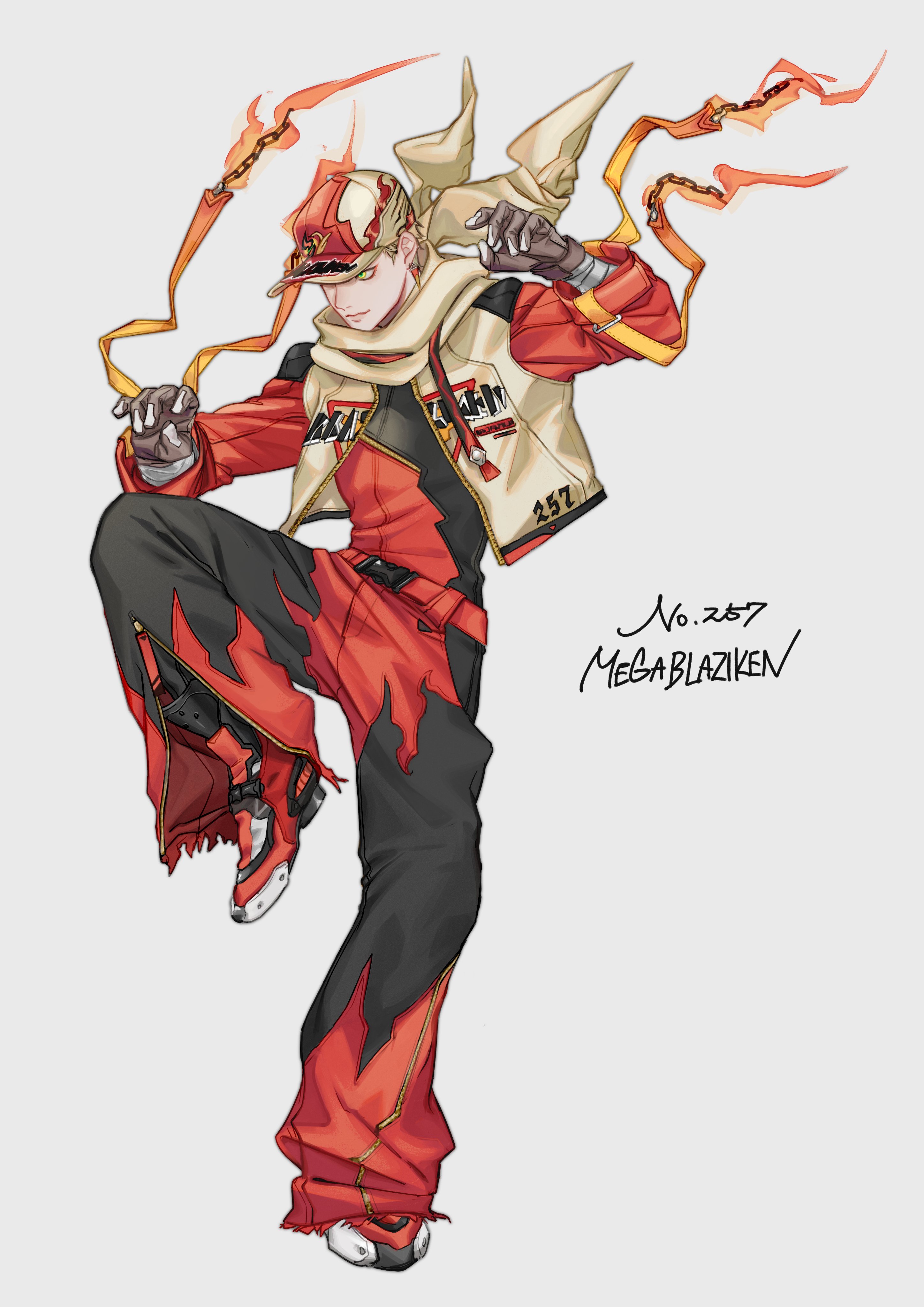 1boy absurdres blaziken blonde_hair brown_gloves commentary gen_3_pokemon gloves hat highres jacket mega_blaziken mega_pokemon nigiri_(ngr24) nintendo number-only_commentary pants personification pokemon red_footwear red_pants red_shirt scarf shirt simple_background solo standing standing_on_one_leg white_jacket