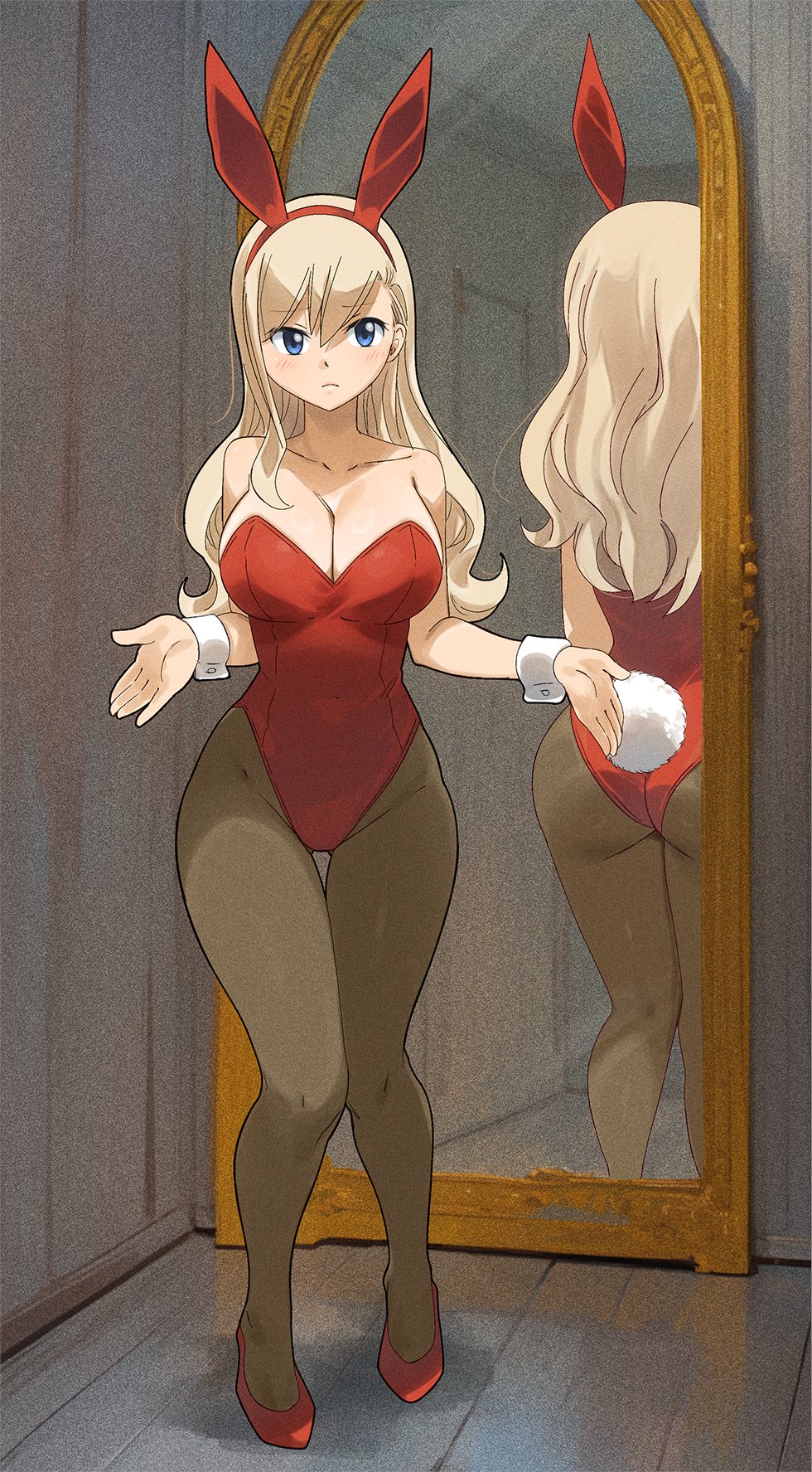 1girl :&lt; animal_ears ass bare_shoulders black_pantyhose blonde_hair blue_eyes breasts brown_pantyhose cleavage closed_mouth collarbone curvy door dot_nose eden&#039;s_zero embarrassed eye_reflection eyebrows eyebrows_hidden_by_hair eyelashes fake_animal_ears fake_tail female_focus film_grain from_behind full_body gaston18 gluteal_fold hair_between_eyes hair_ornament hairband hands_up head_tilt high_heels highleg highleg_leotard highres hip_dips hip_vent hourglass huge_ass indoors knees knees_together_feet_apart large_breasts leotard lips long_hair looking_at_viewer mirror neck palms pantyhose playboy_bunny pointy_ears pumps rabbit_ears rabbit_tail rebecca_bluegarden red_bunny_ears red_leotard red_shoes reflection shoes sidelocks solo solo_focus standing strapless strapless_leotard tail thick_thighs thigh_gap thighs wavy_hair white_cuffs wide_hips wooden_floor wrist_cuffs