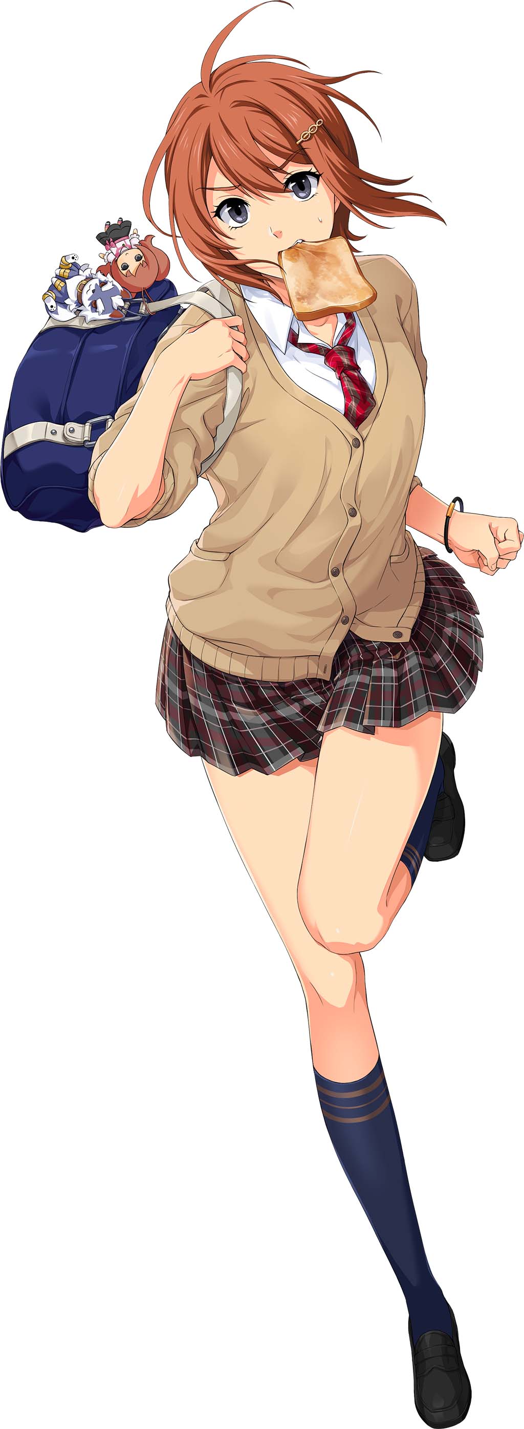 1girl absurdres ahoge akatsuki_no_kiseki black_shoes blue_eyes blue_socks bracelet brown_cardigan brown_hair brown_skirt cardigan collared_shirt eiyuu_densetsu fran_seeker hair_ornament hairclip highres jewelry loafers miniskirt mouth_hold necktie noel_seeker official_art plaid_clothes plaid_skirt pleated_skirt red_necktie running school_uniform shirt shoes short_hair simple_background skirt sleeves_rolled_up socks solo white_background white_shirt wing_collar zeit zero_no_kiseki