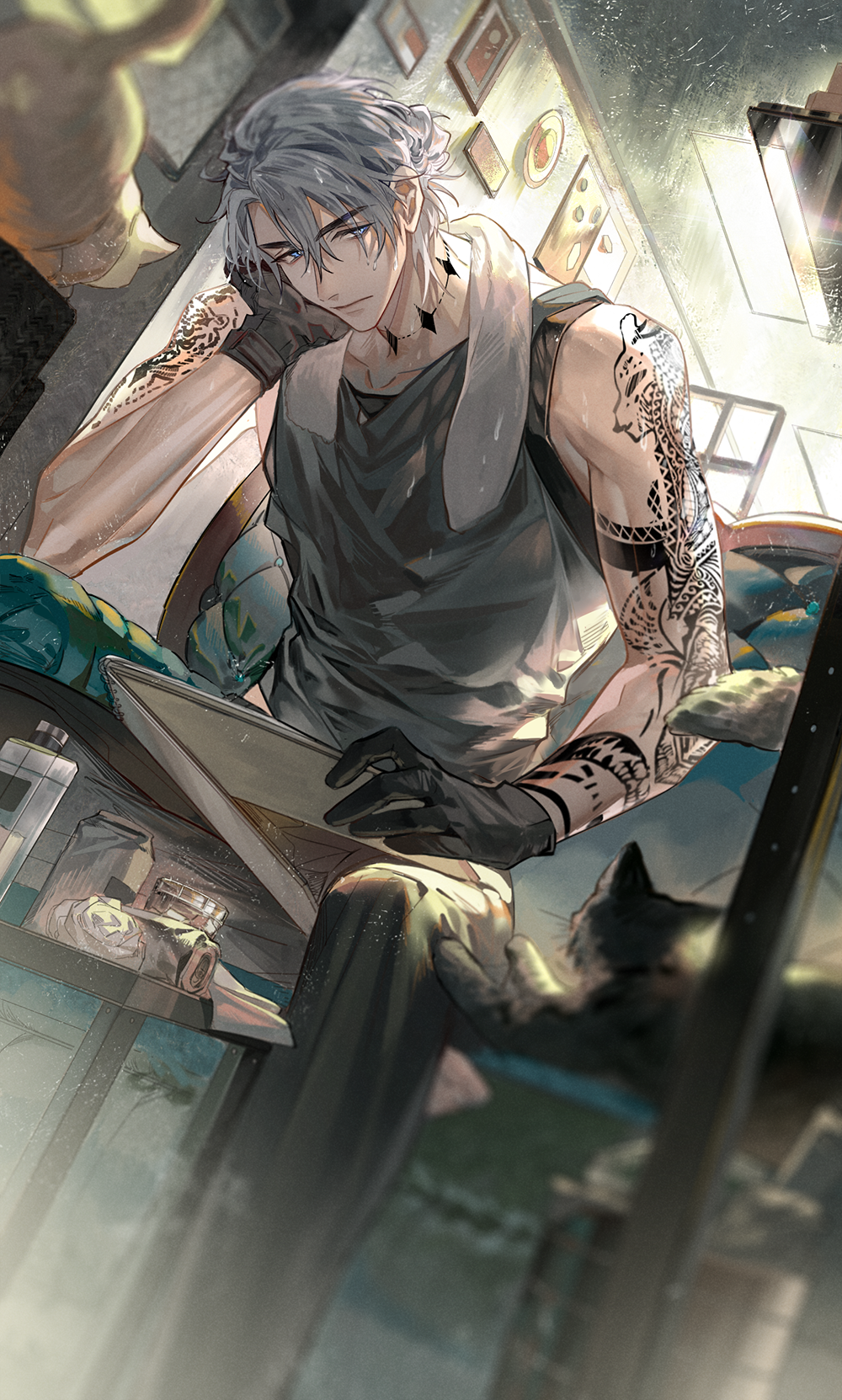 1boy arm_tattoo black_cat black_gloves black_pants blue_eyes cat chair closed_mouth cup gloves grey_hair hair_between_eyes highres holding indoors lamp looking_at_viewer male_focus mirror neck_tattoo original pants photo_(object) picture_frame shirt short_hair shoulder_tattoo sitting sleeveless solo table tank_top tattoo towel towel_around_neck yinzinmiemie