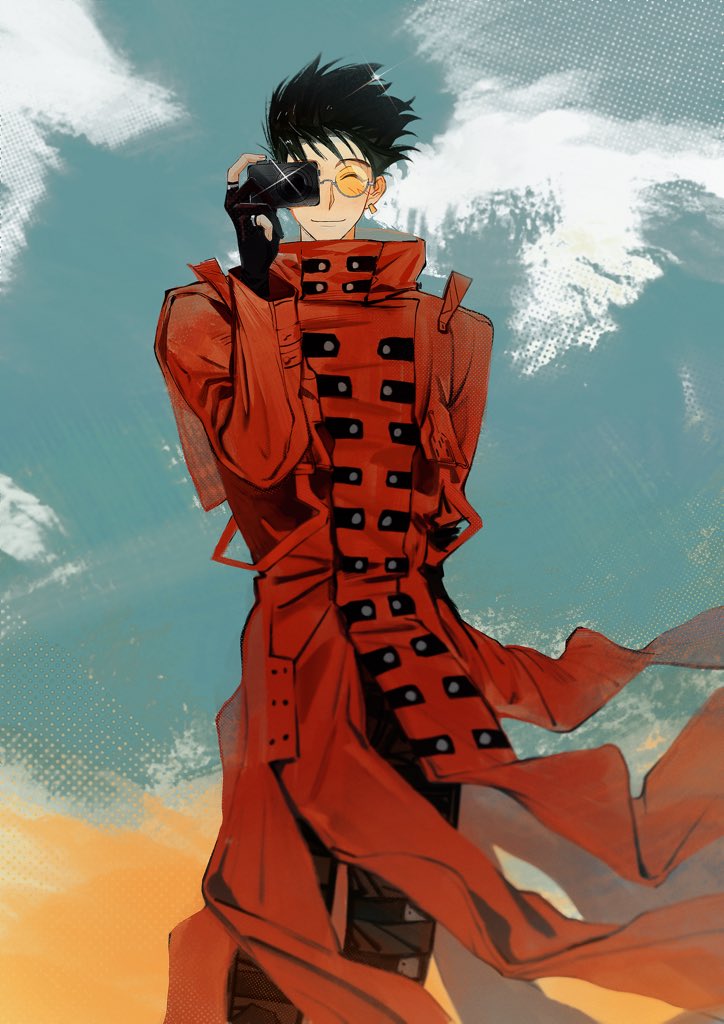 1boy black_hair camera coat fingerless_gloves gannnmoo gloves holding holding_camera red_coat round_eyewear solo spiked_hair tinted_eyewear trigun trigun_maximum vash_the_stampede wind