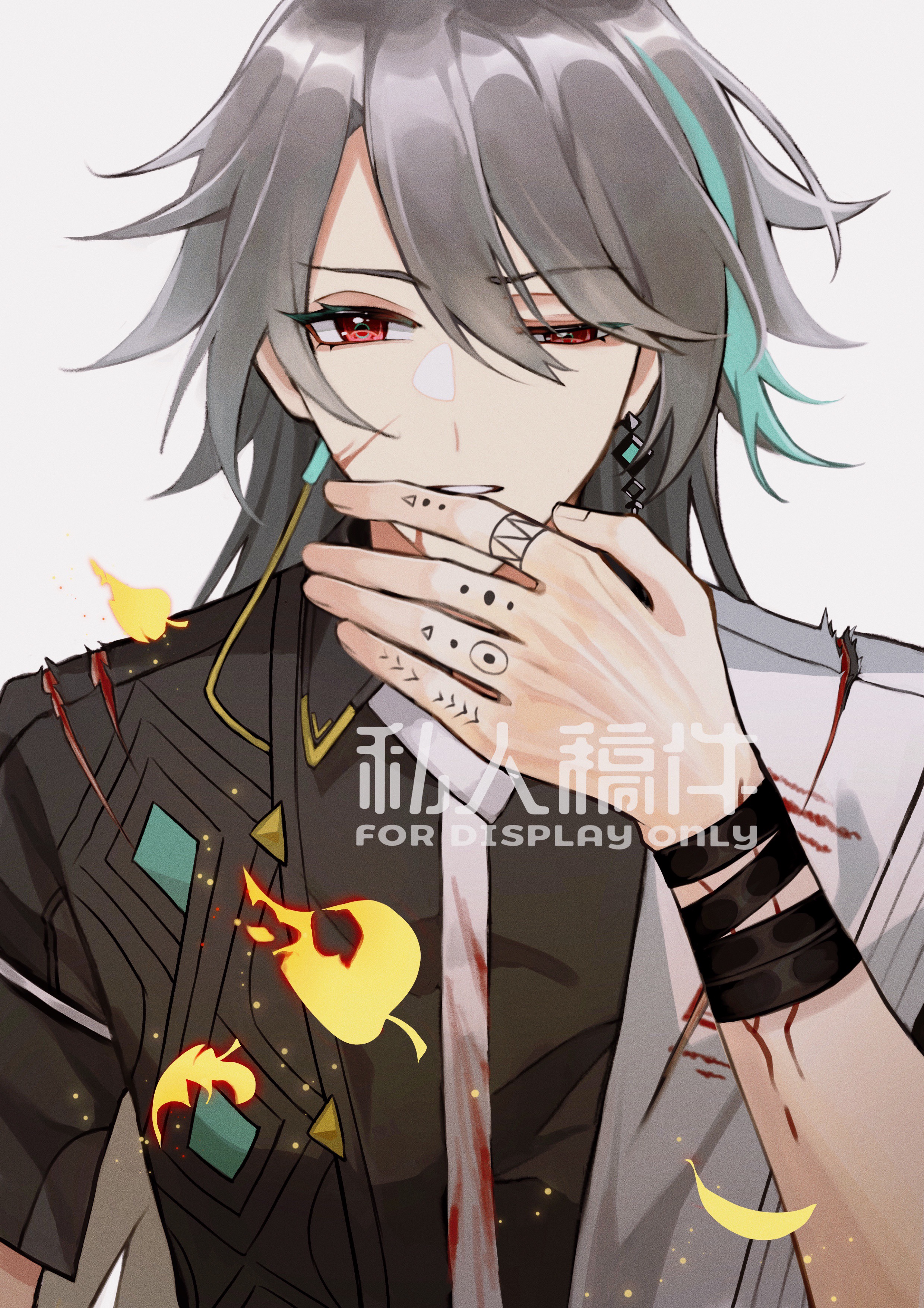1boy absurdres aqua_hair bandaged_wrist bandages black_bandages black_shirt blood blood_on_clothes burnt covering_own_mouth cracked_skin cuts earrings falling_leaves finger_tattoo grey_hair grimace hair_between_eyes highres honkai_(series) honkai_impact_3rd injury jewelry leaf light_particles long_hair looking_at_viewer male_focus mismatched_earrings multicolored_hair napppptt necktie parted_lips red_eyes sash shirt short_sleeves shoulder_sash simple_background solo straight-on streaked_hair su_(honkai_impact) tattoo uneven_eyes upper_body white_background white_necktie white_sash